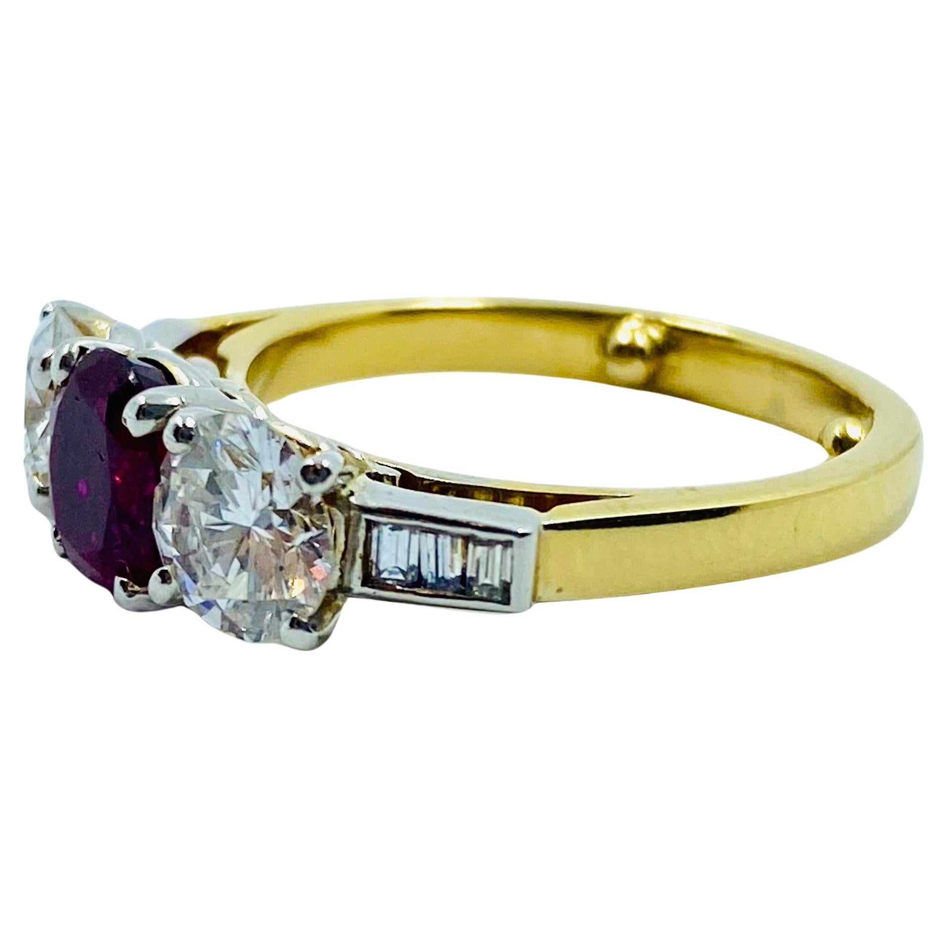 Vintage Three Stone Ring Gold Ruby and Diamond Engagement For Sale 1