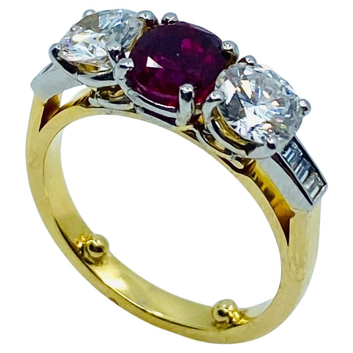 Vintage Three Stone Ring Gold Ruby and Diamond Engagement For Sale 2