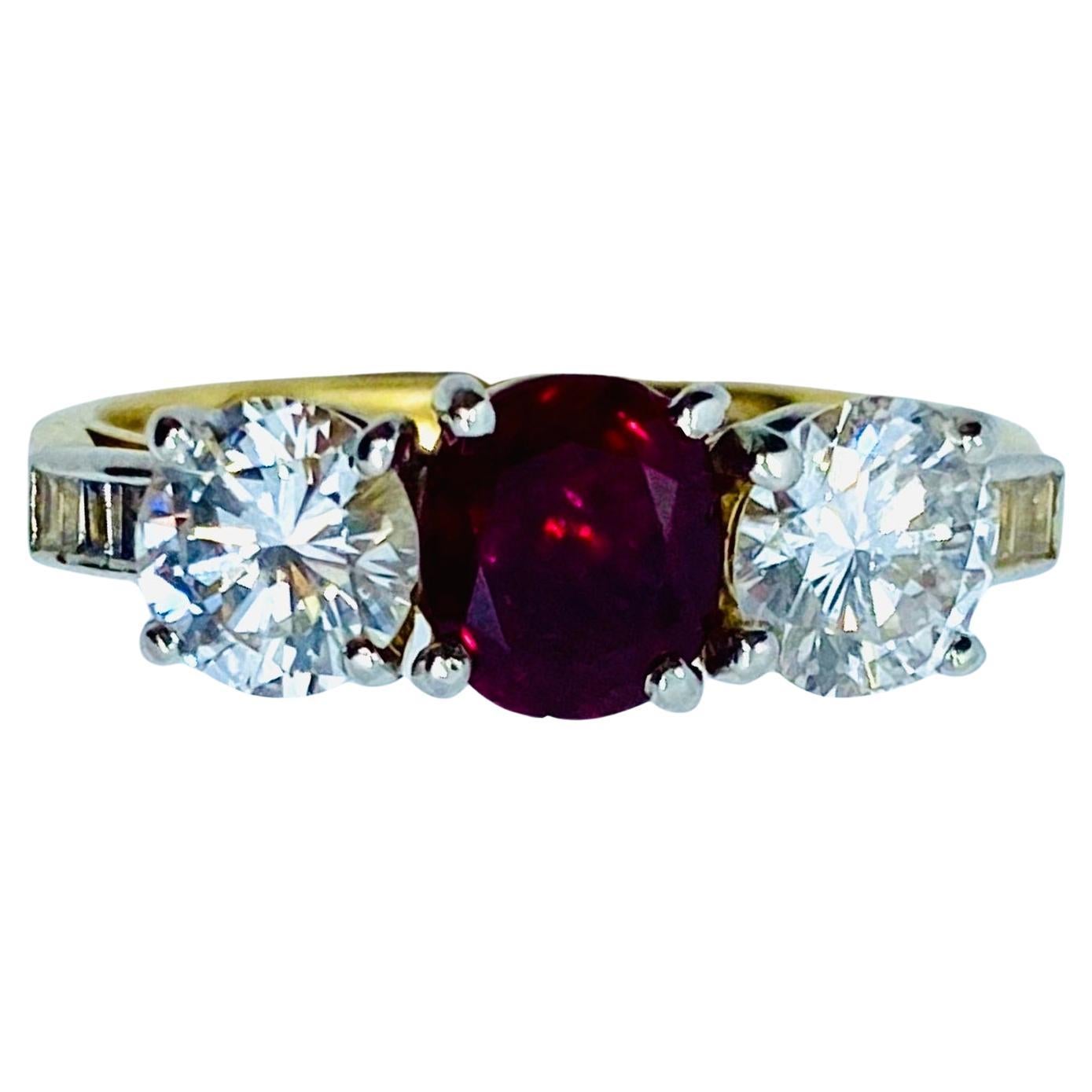 Vintage Three Stone Ring Gold Ruby and Diamond Engagement For Sale 3