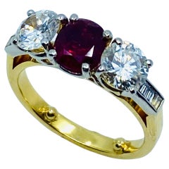 Vintage Three Stone Ring Gold Ruby and Diamond Engagement
