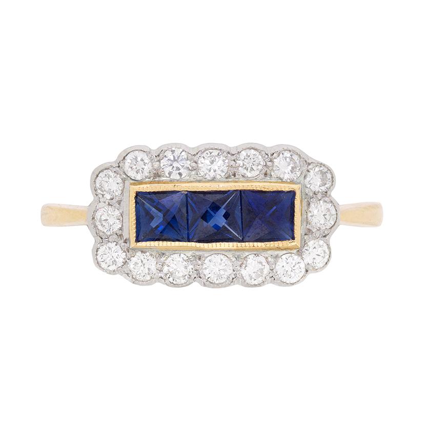 Vintage Three-Stone Sapphire and Diamond Cluster Ring, circa 1950s For Sale