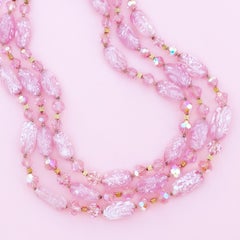 Vintage Three Strand Bubblegum Pink Art Glass Necklace by Crown Trifari, 1960s