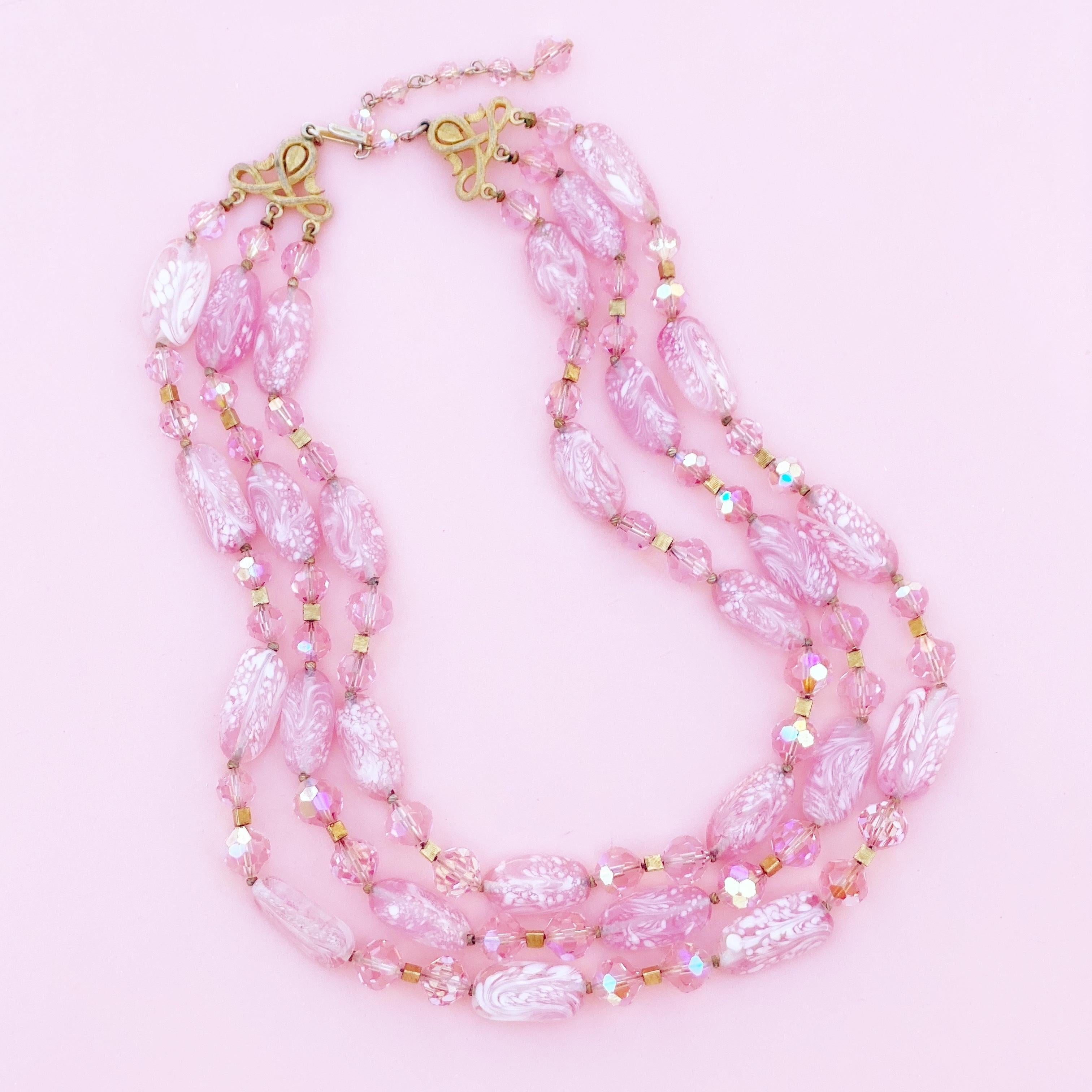 Modern Vintage Three Strand Bubblegum Pink Art Glass Necklace by Crown Trifari, 1960s