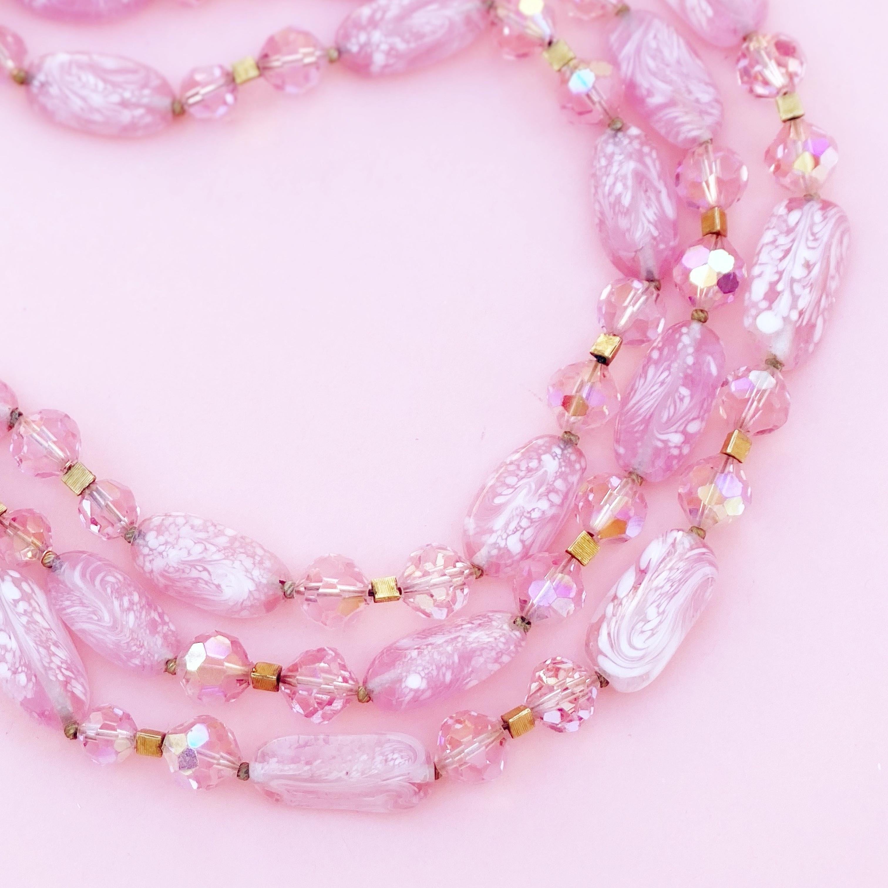 Vintage Three Strand Bubblegum Pink Art Glass Necklace by Crown Trifari, 1960s In Good Condition In McKinney, TX
