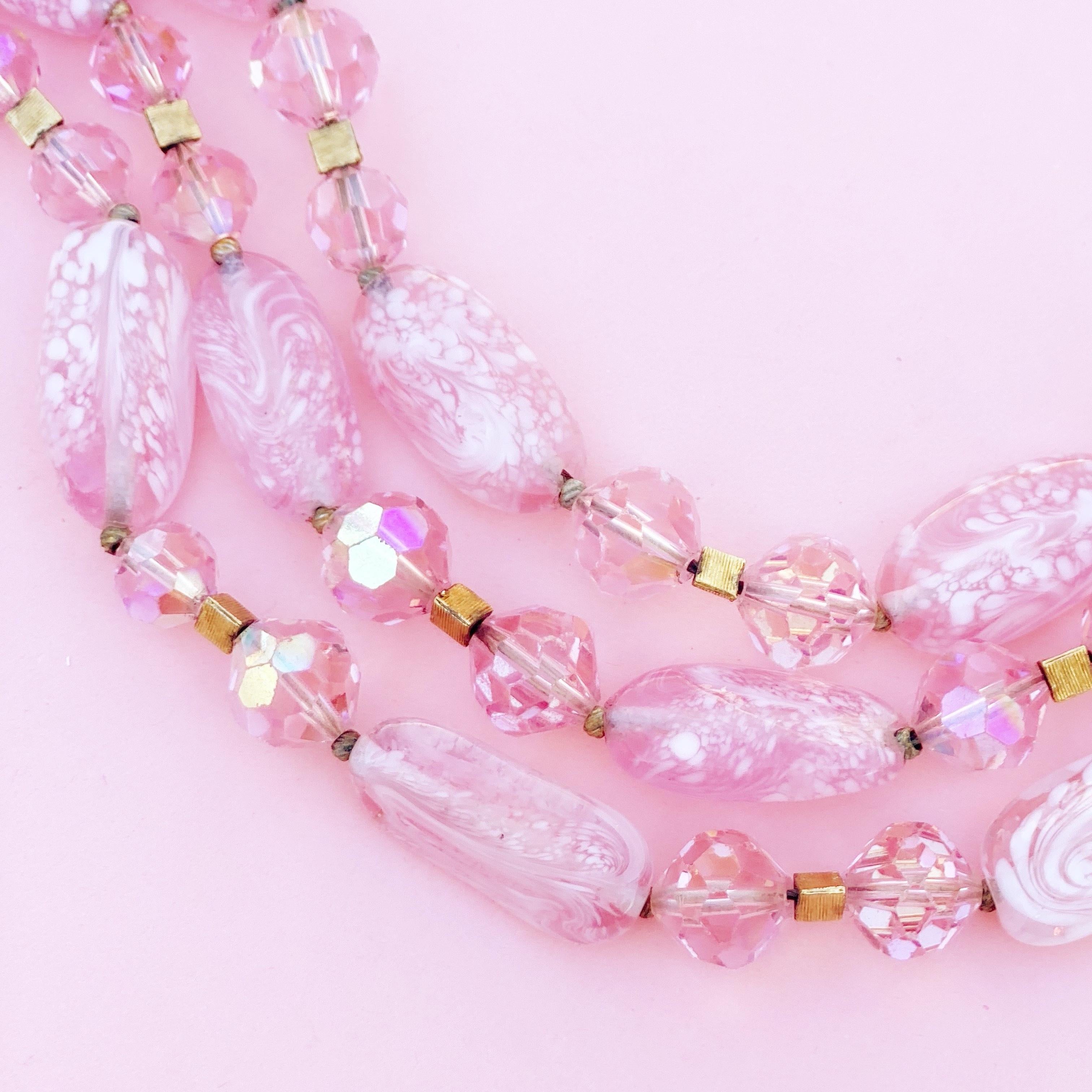 Women's Vintage Three Strand Bubblegum Pink Art Glass Necklace by Crown Trifari, 1960s
