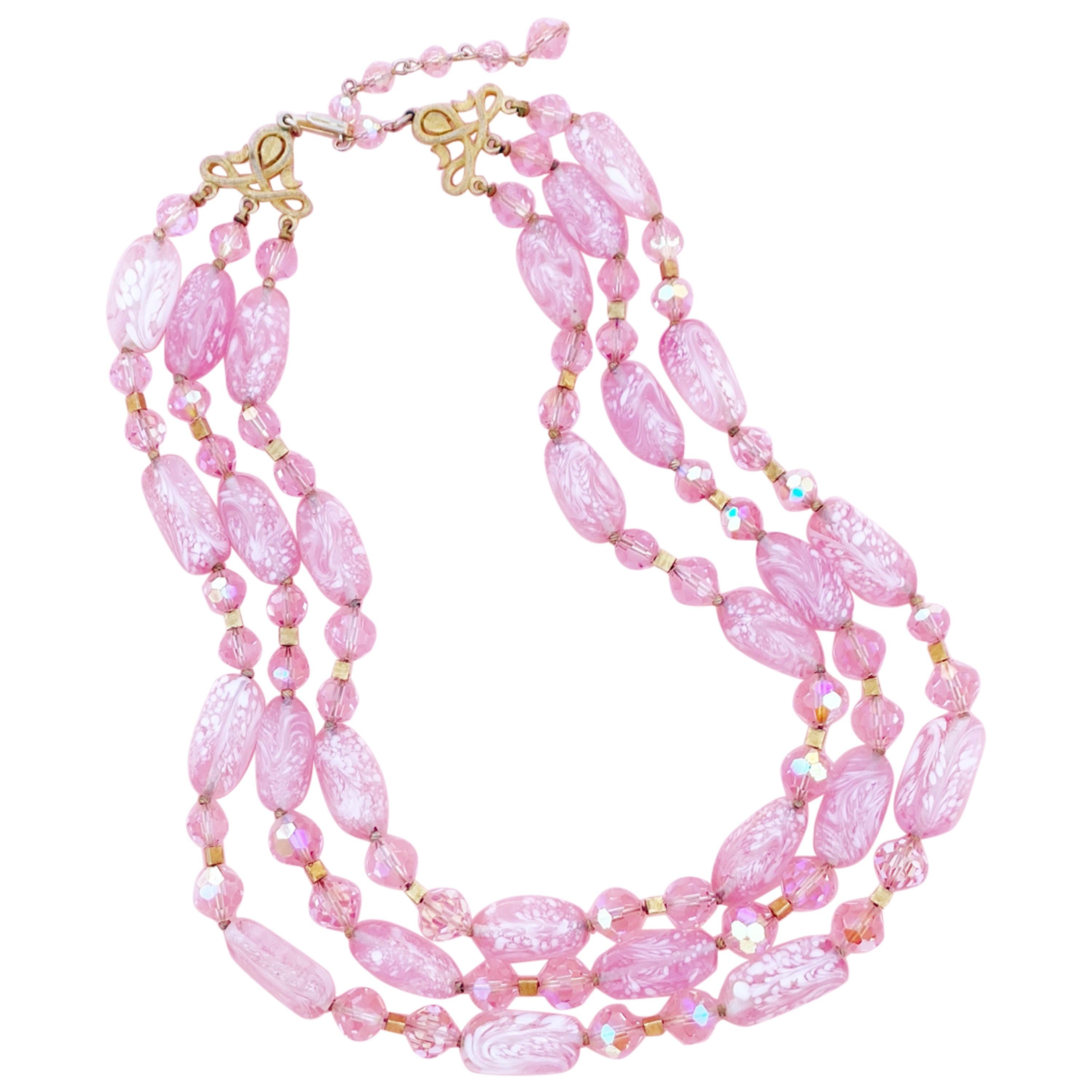 Vintage Three Strand Bubblegum Pink Art Glass Necklace by Crown Trifari, 1960s