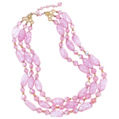 Retro Three Strand Bubblegum Pink Art Glass Necklace by Crown Trifari, 1960s