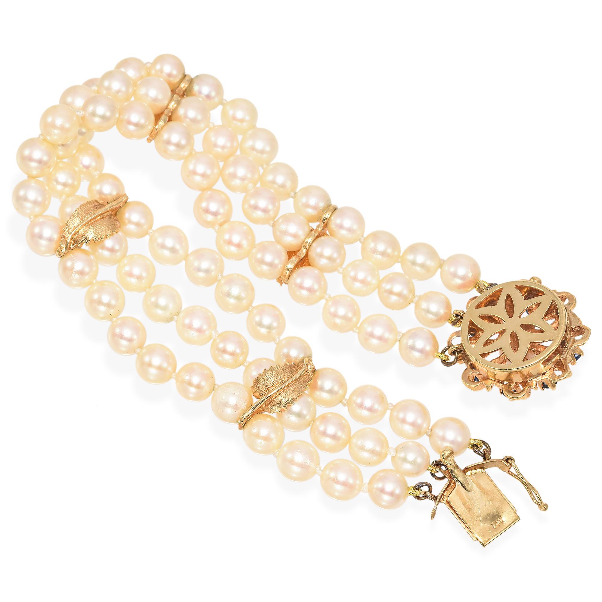Dreistrangiges Vintage-Perlenarmband mit Saphirverschluss aus 14k Gelbgold Damen