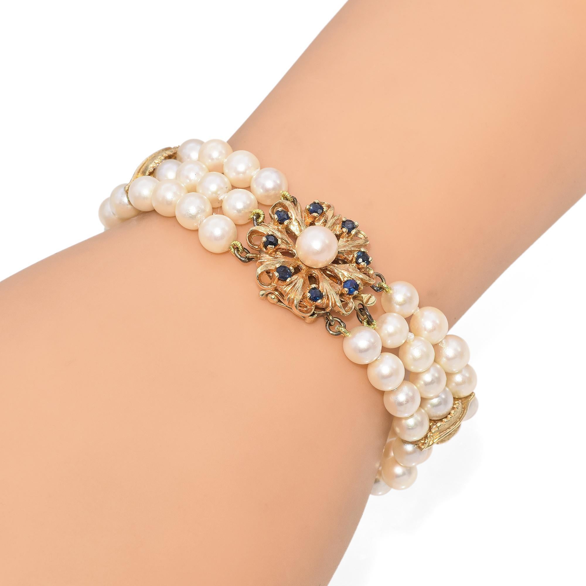 Dreistrangiges Vintage-Perlenarmband mit Saphirverschluss aus 14k Gelbgold 2