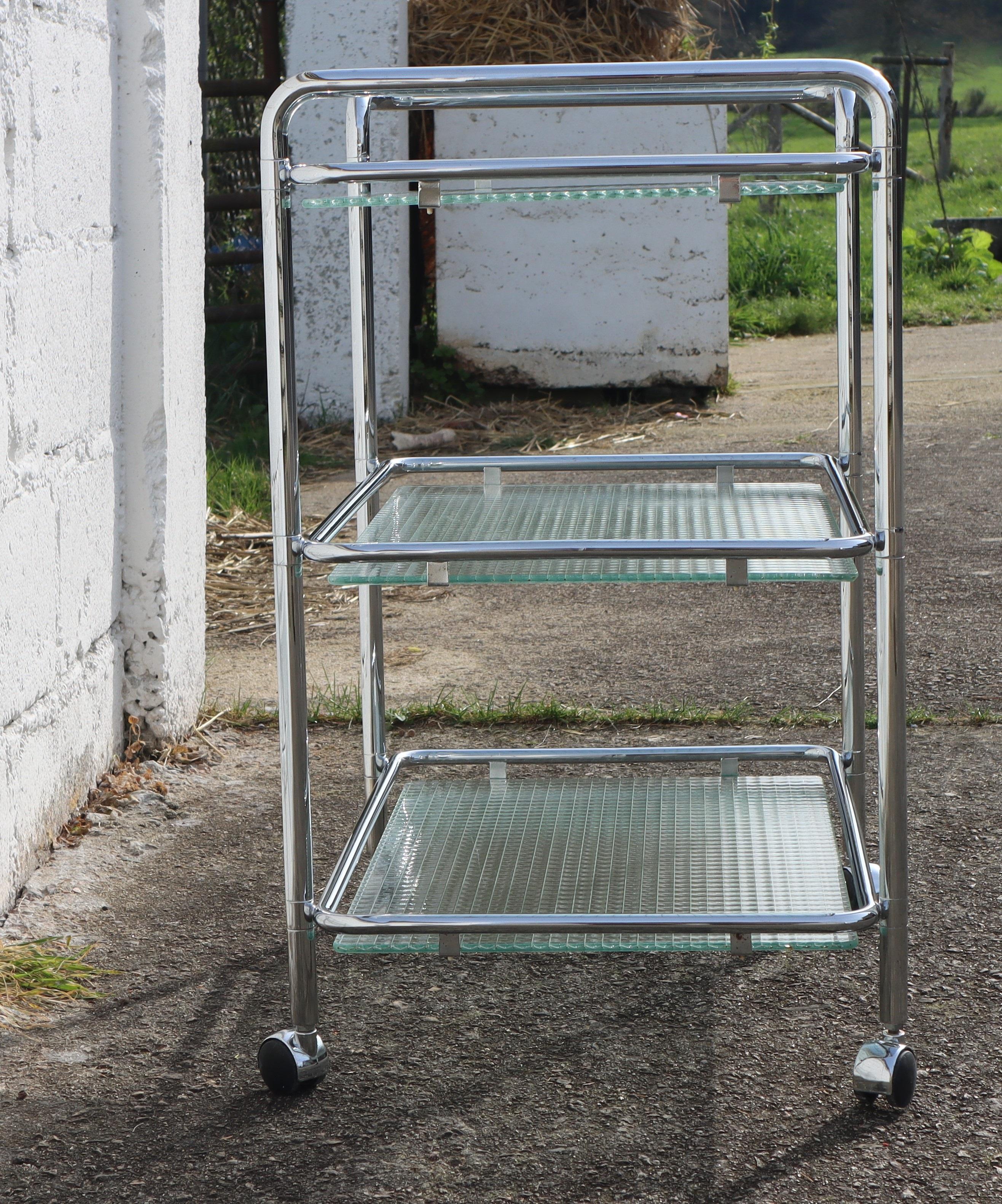 Vintage Three Tier Glass Chrome Bar Cart-Chrome wired Glass Serving Trolley-80s For Sale 2