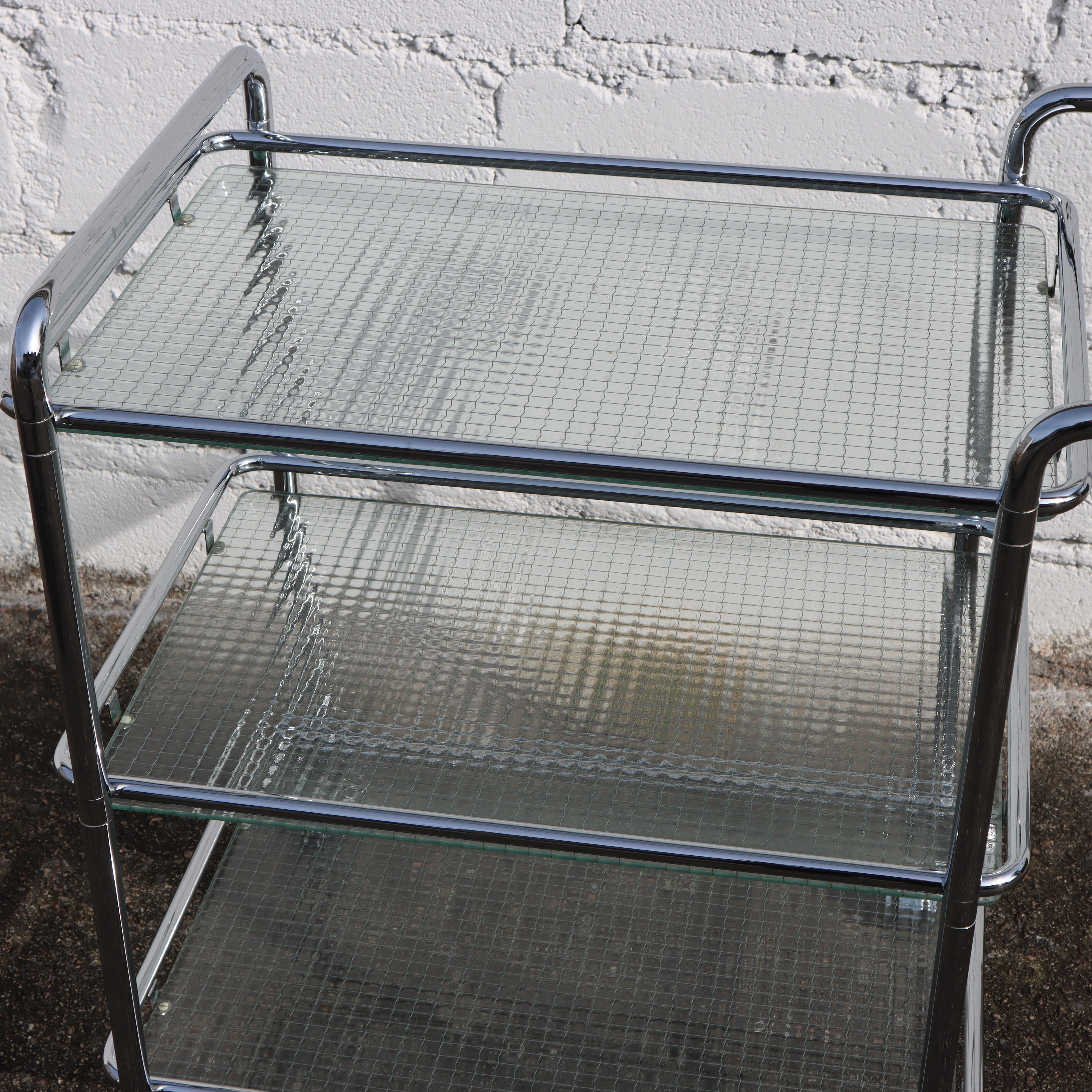 Vintage Three Tier Glass Chrome Bar Cart-Chrome wired Glass Serving Trolley-80s For Sale 3