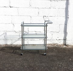 Vintage Three Tier Glass Chrome Bar Cart-Chrome wired Glass Serving Trolley-80s