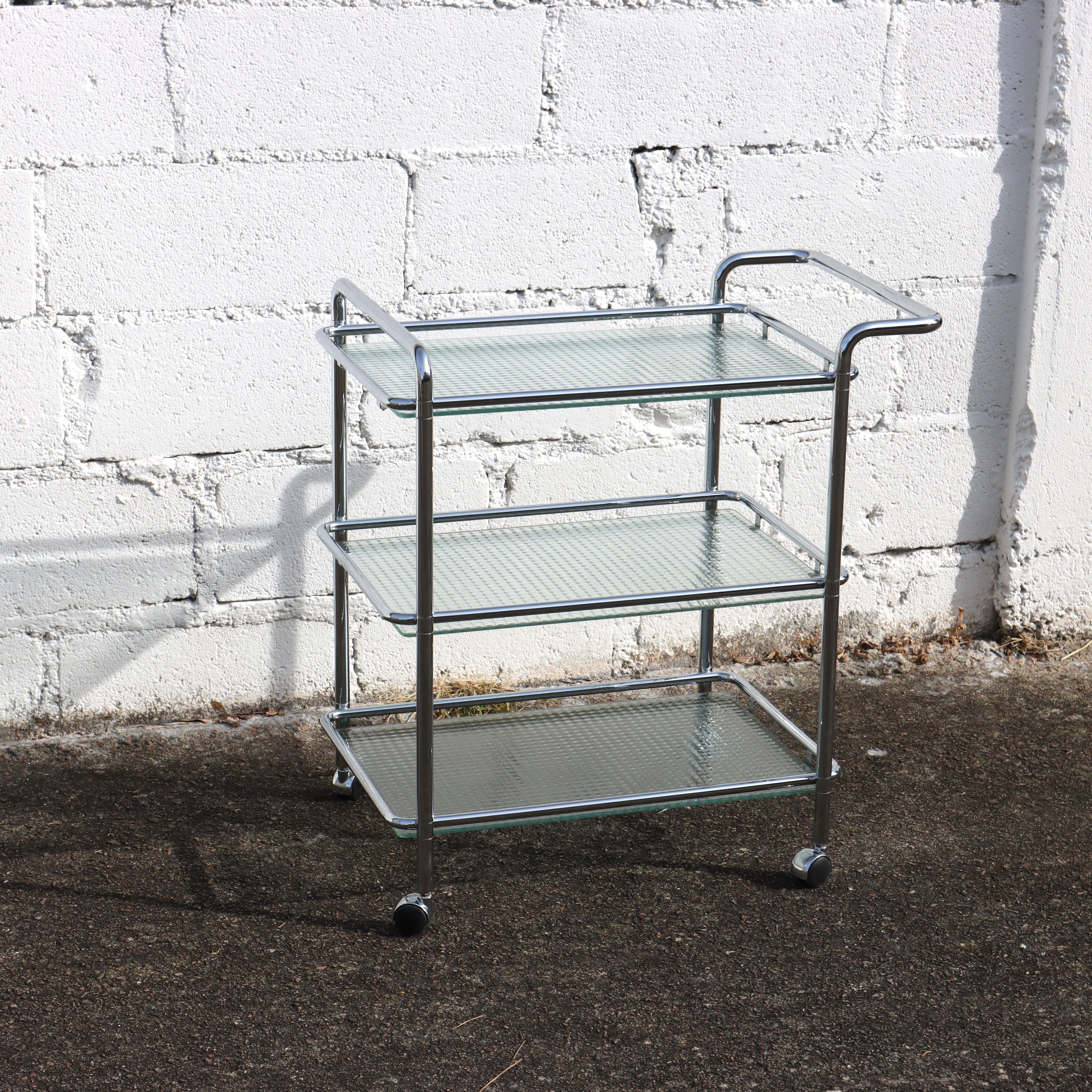 Post-Modern Vintage Three Tier Glass Chrome Bar Cart-Chrome wired Glass Serving Trolley-80s For Sale