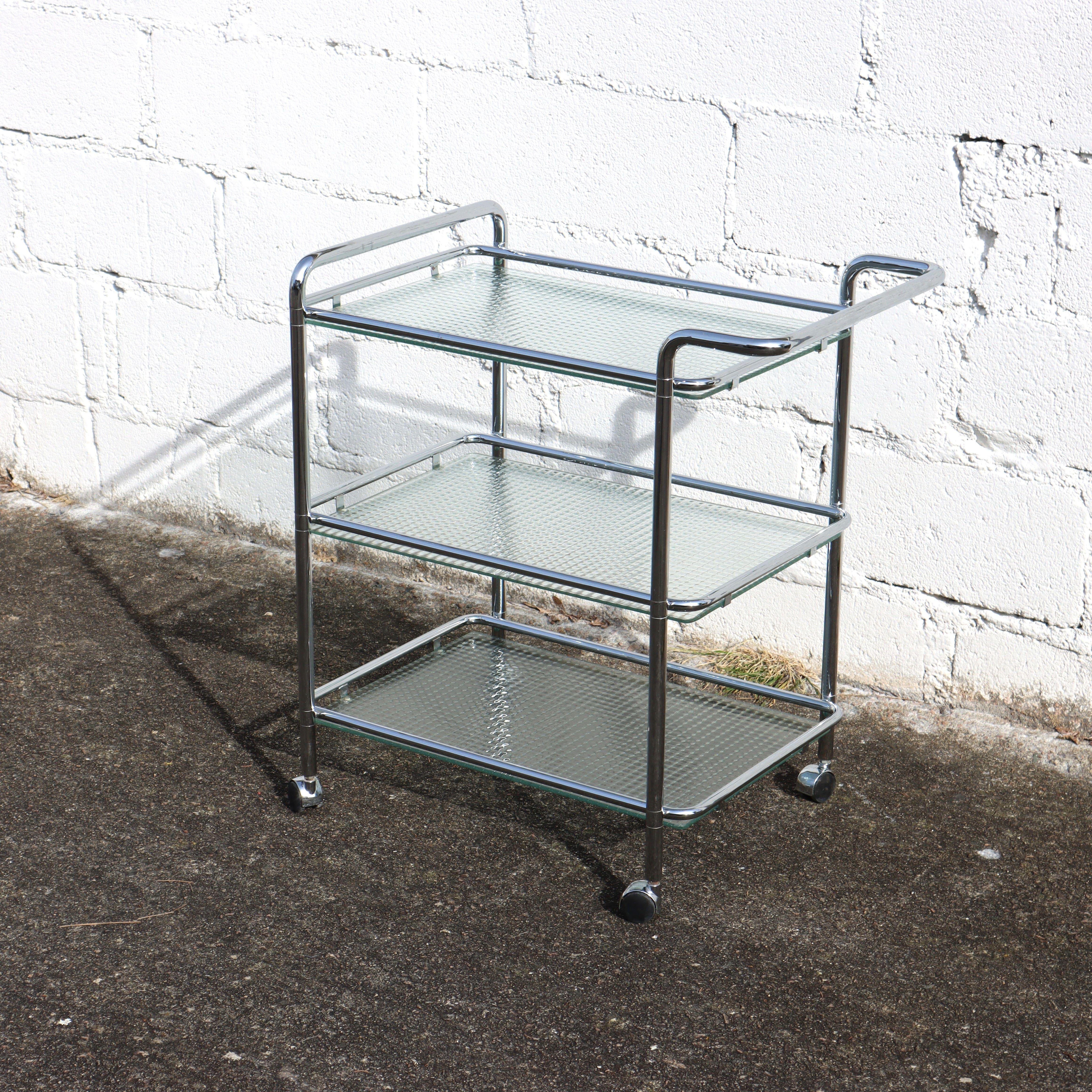 French Vintage Three Tier Glass Chrome Bar Cart-Chrome wired Glass Serving Trolley-80s For Sale