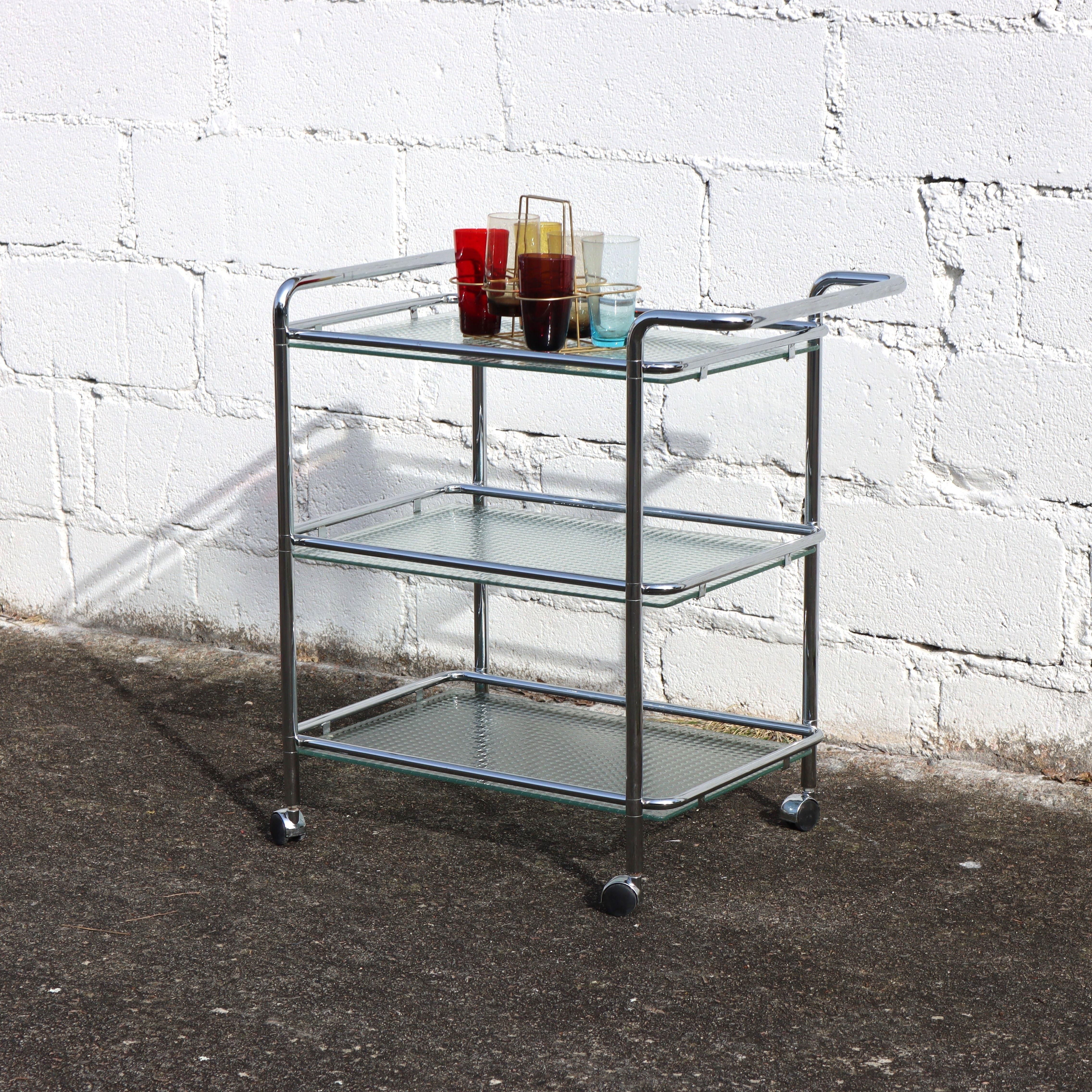 Anodized Vintage Three Tier Glass Chrome Bar Cart-Chrome wired Glass Serving Trolley-80s For Sale