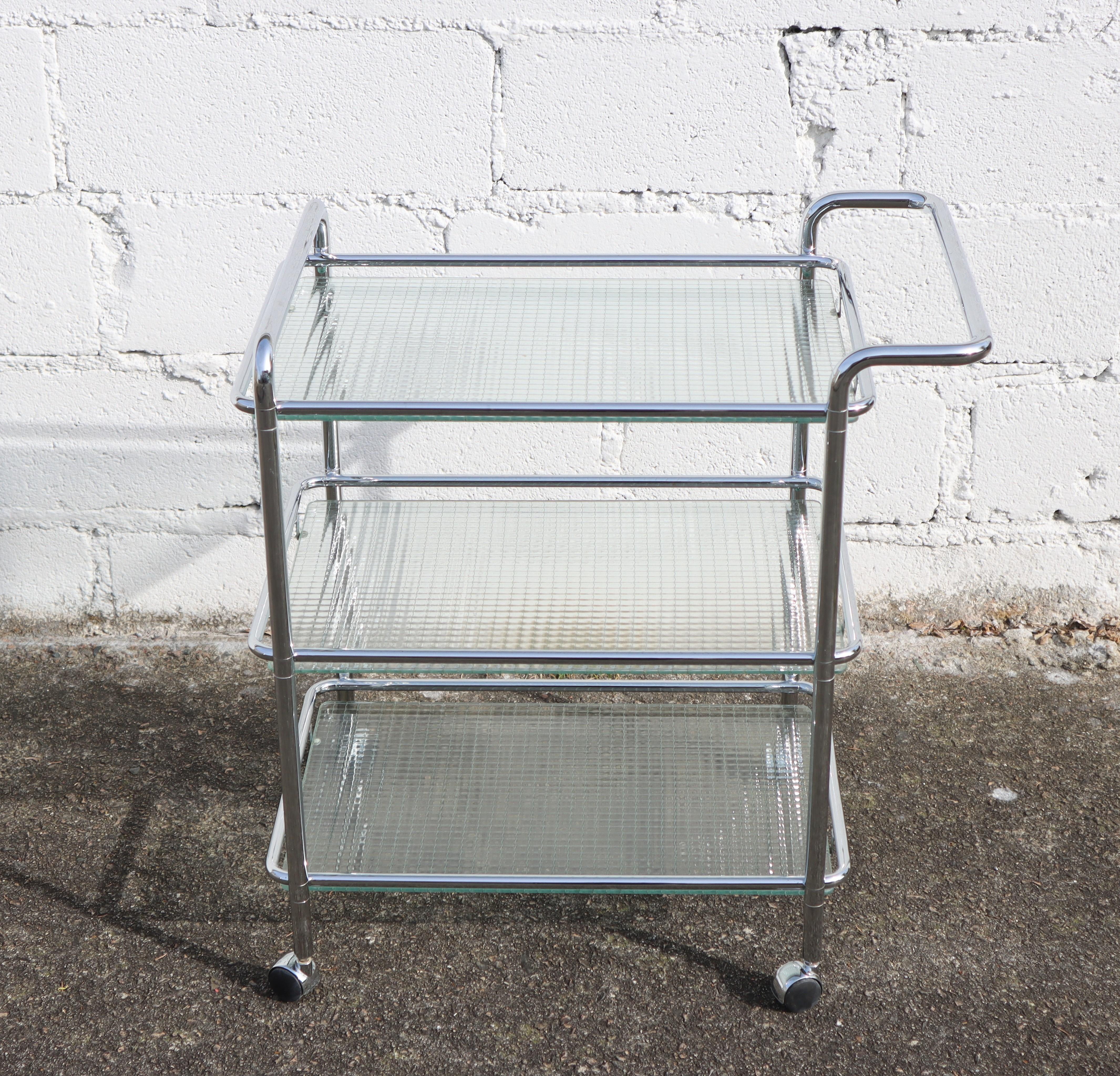 Late 20th Century Vintage Three Tier Glass Chrome Bar Cart-Chrome wired Glass Serving Trolley-80s For Sale