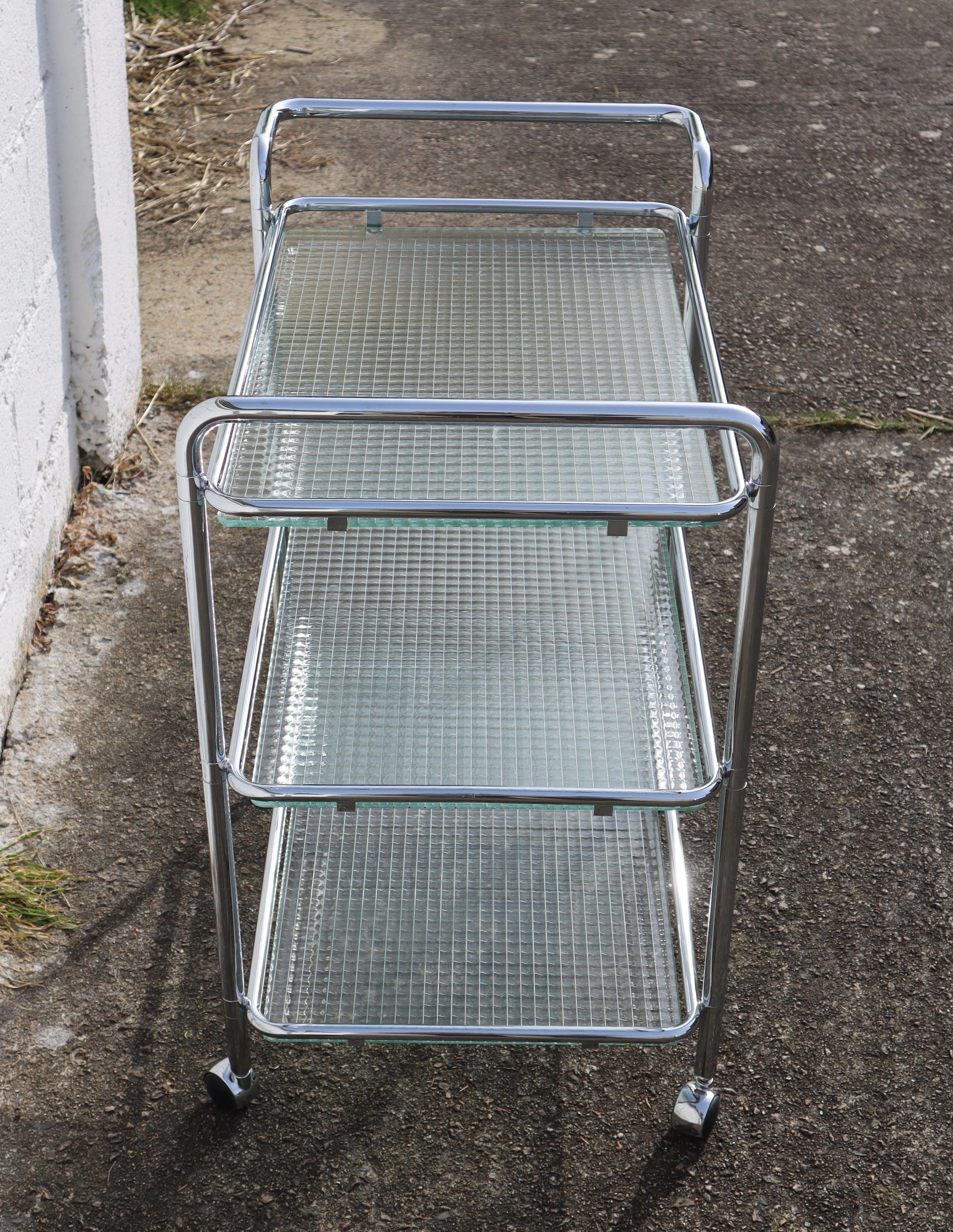 Other Vintage Three Tier Glass Chrome Bar Cart-Chrome wired Glass Serving Trolley-80s For Sale