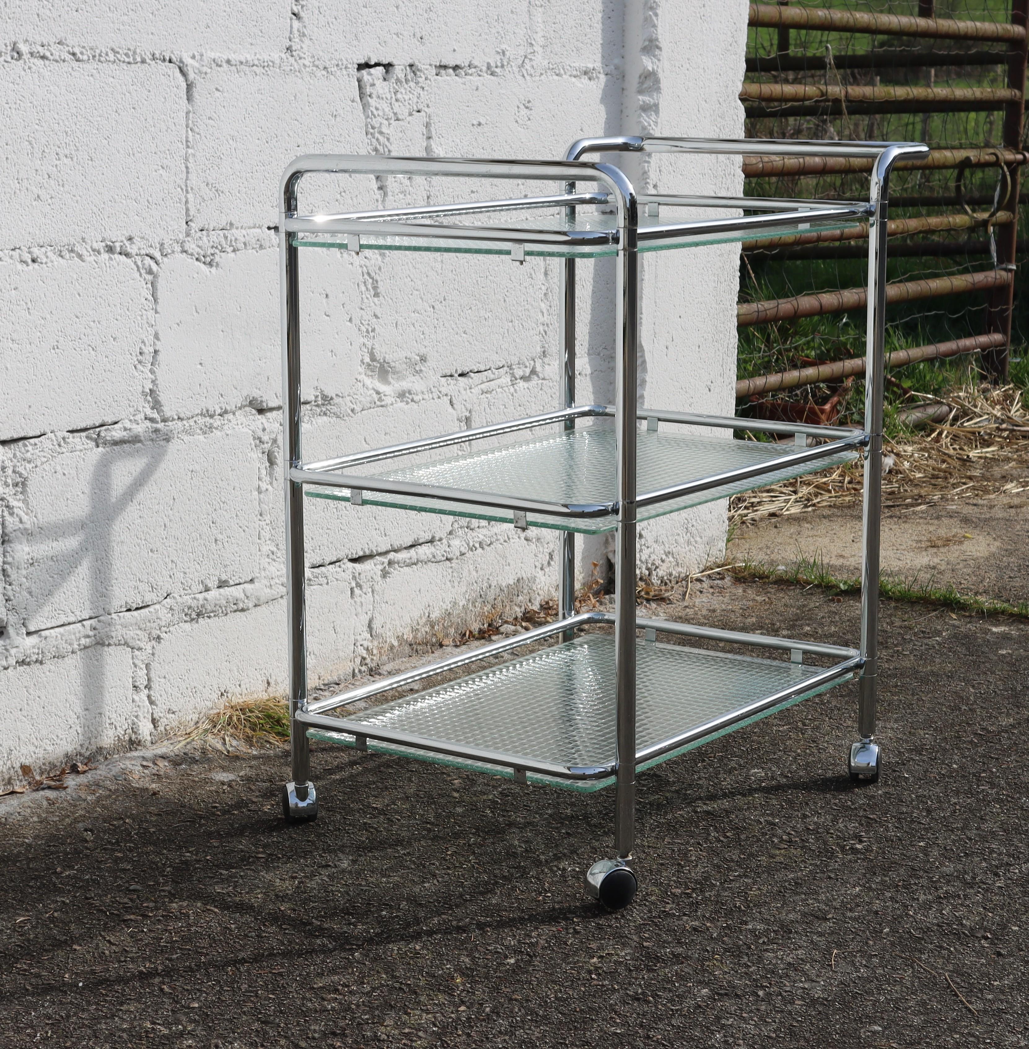Vintage Three Tier Glass Chrome Bar Cart-Chrome wired Glass Serving Trolley-80s For Sale 1