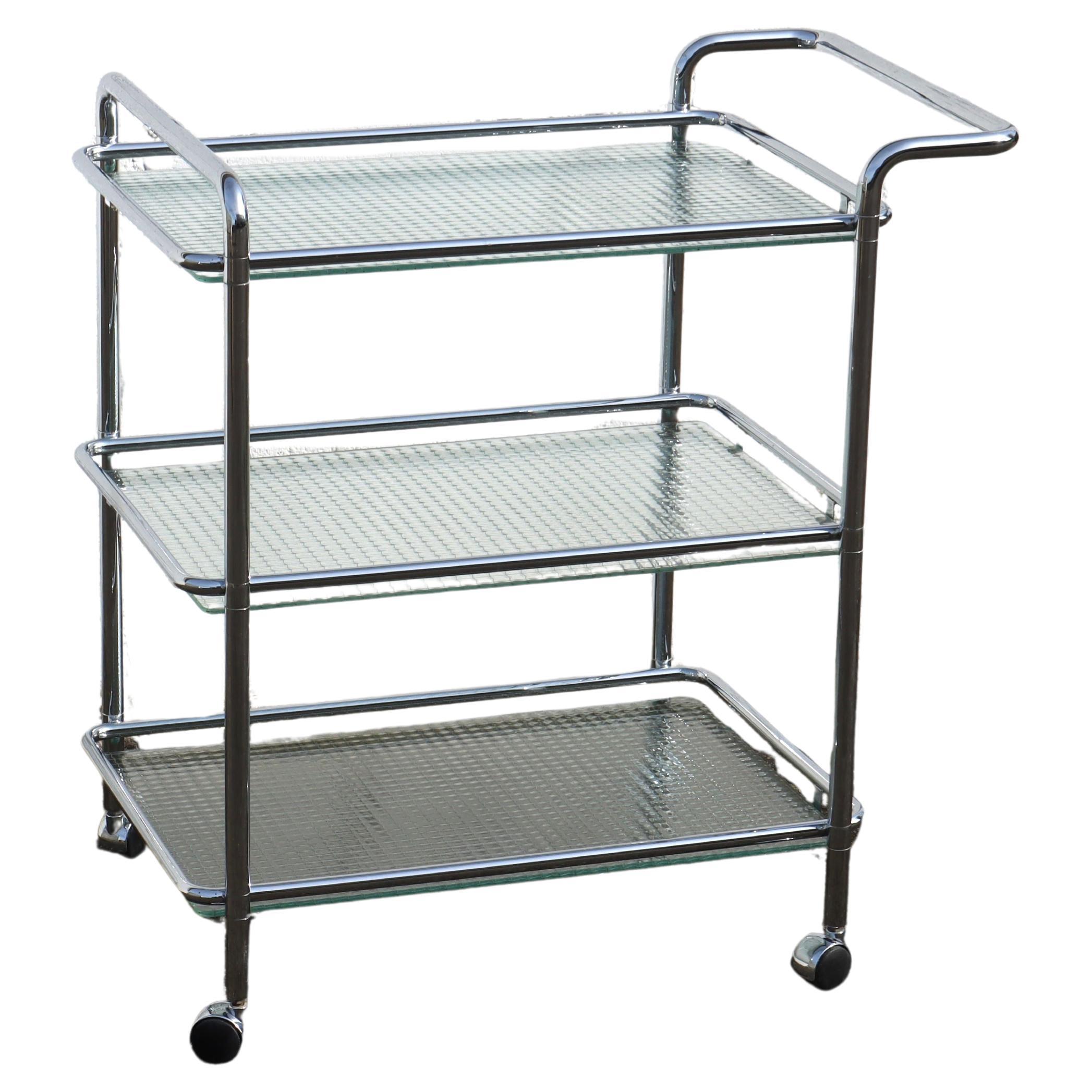 Vintage Three Tier Glass Chrome Bar Cart-Chrome wired Glass Serving Trolley-80s For Sale