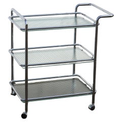 Antique Three Tier Glass Chrome Bar Cart-Chrome wired Glass Serving Trolley-80s
