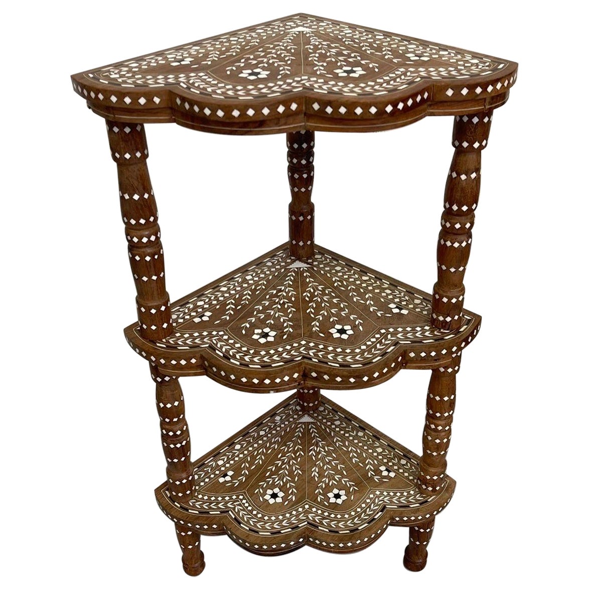 Vintage Three Tier Intricate Inlay Corner Shelving Unit