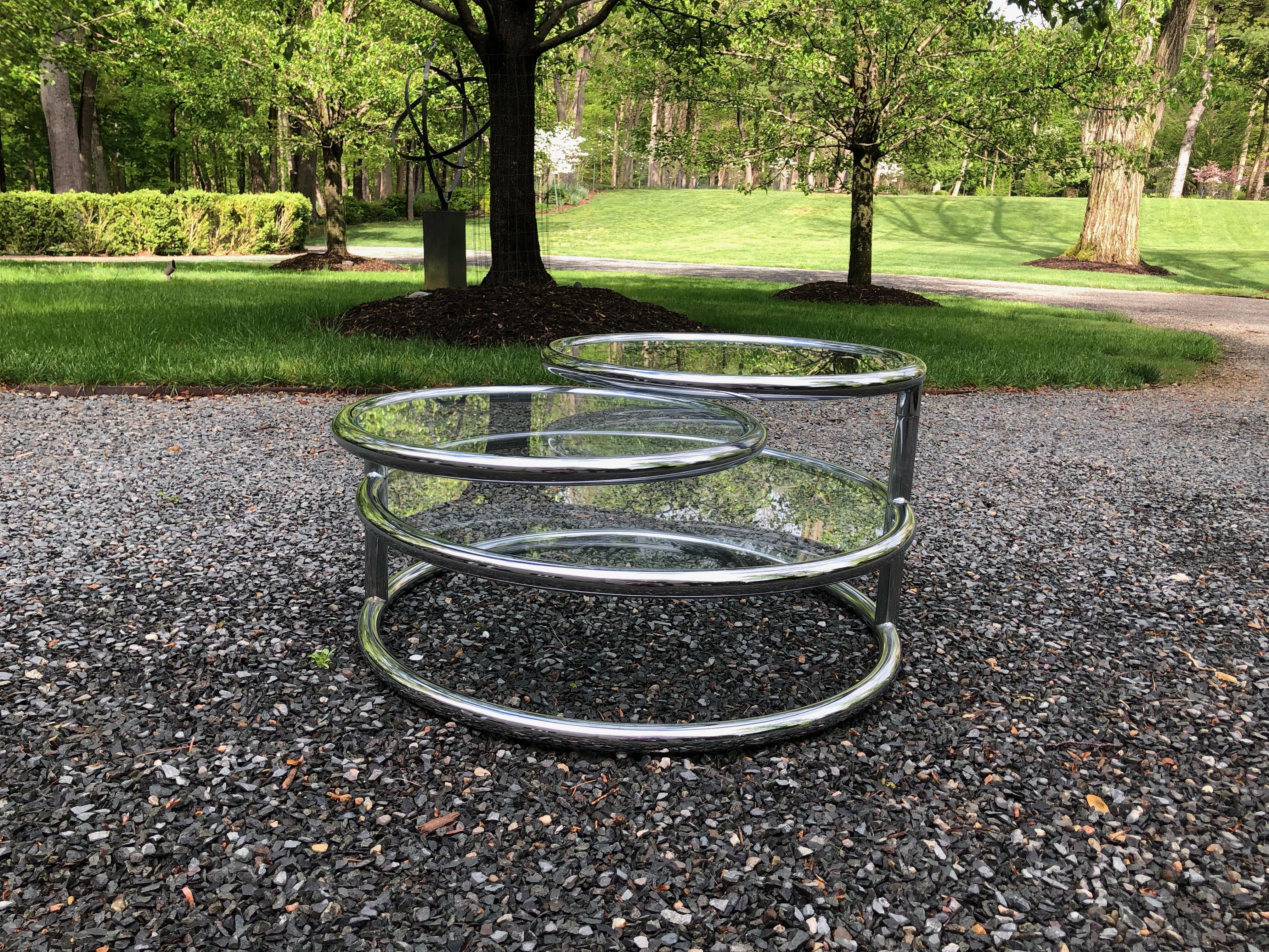 Mid-Century Modern Vintage Three Tier Swivel Glass & Chrome Coffee Table