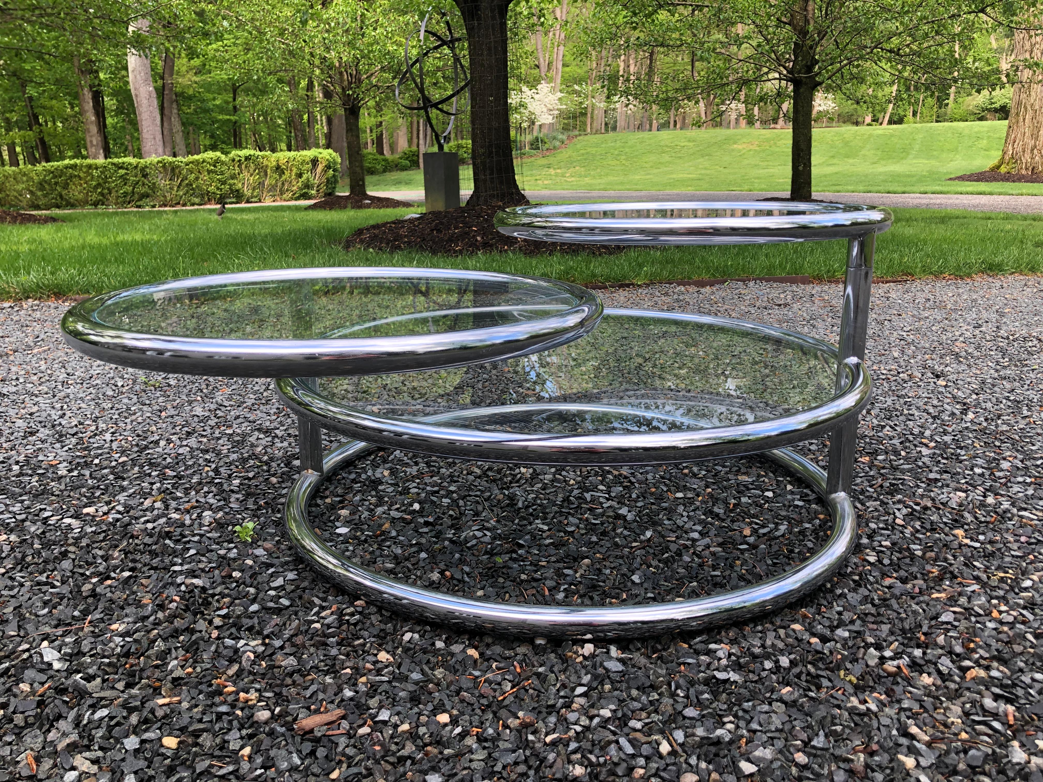 Late 20th Century Vintage Three Tier Swivel Glass & Chrome Coffee Table