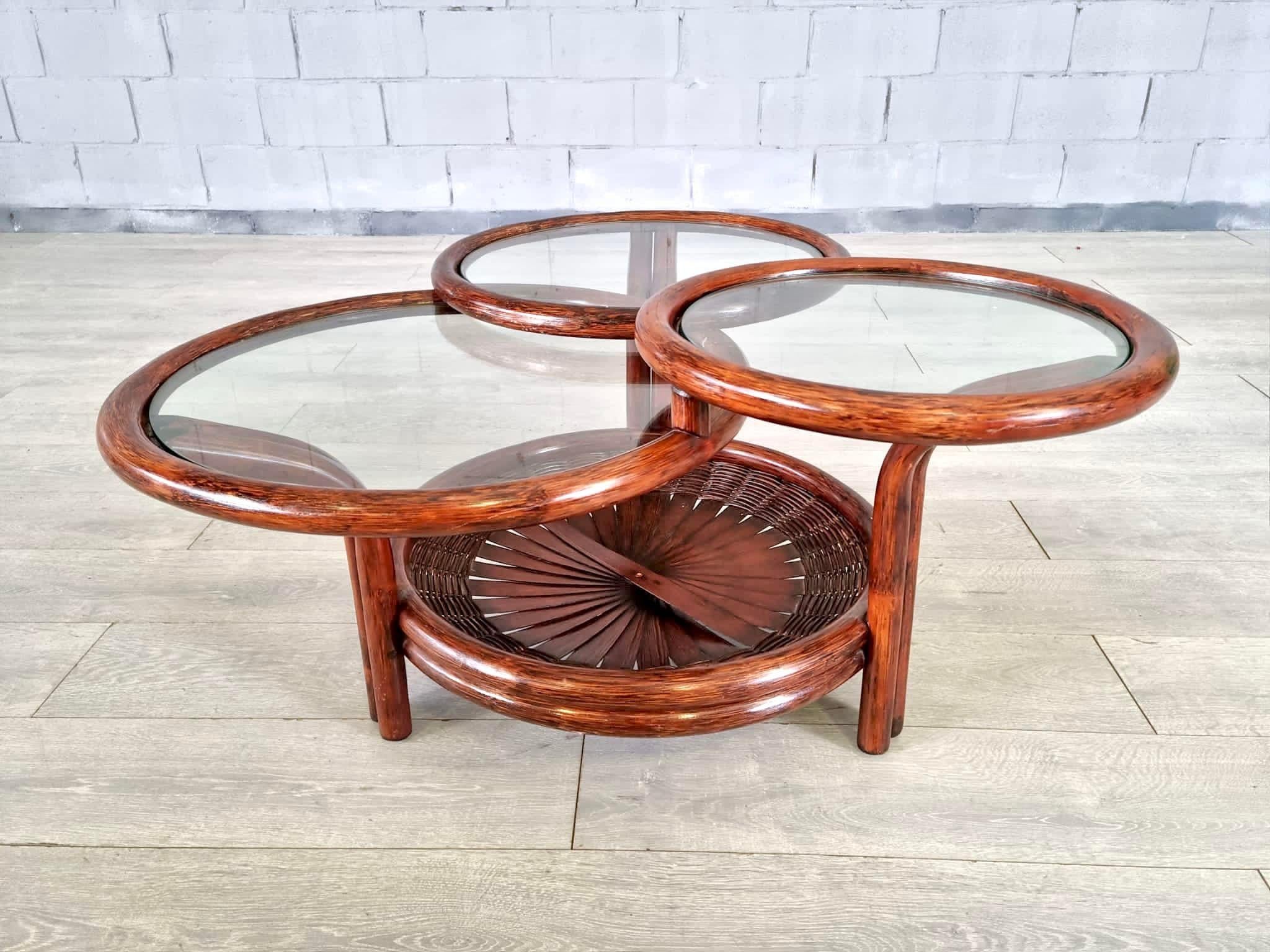 Italian Vintage Three-Tiered Round Bamboo Cane Coffee Side Table For Sale