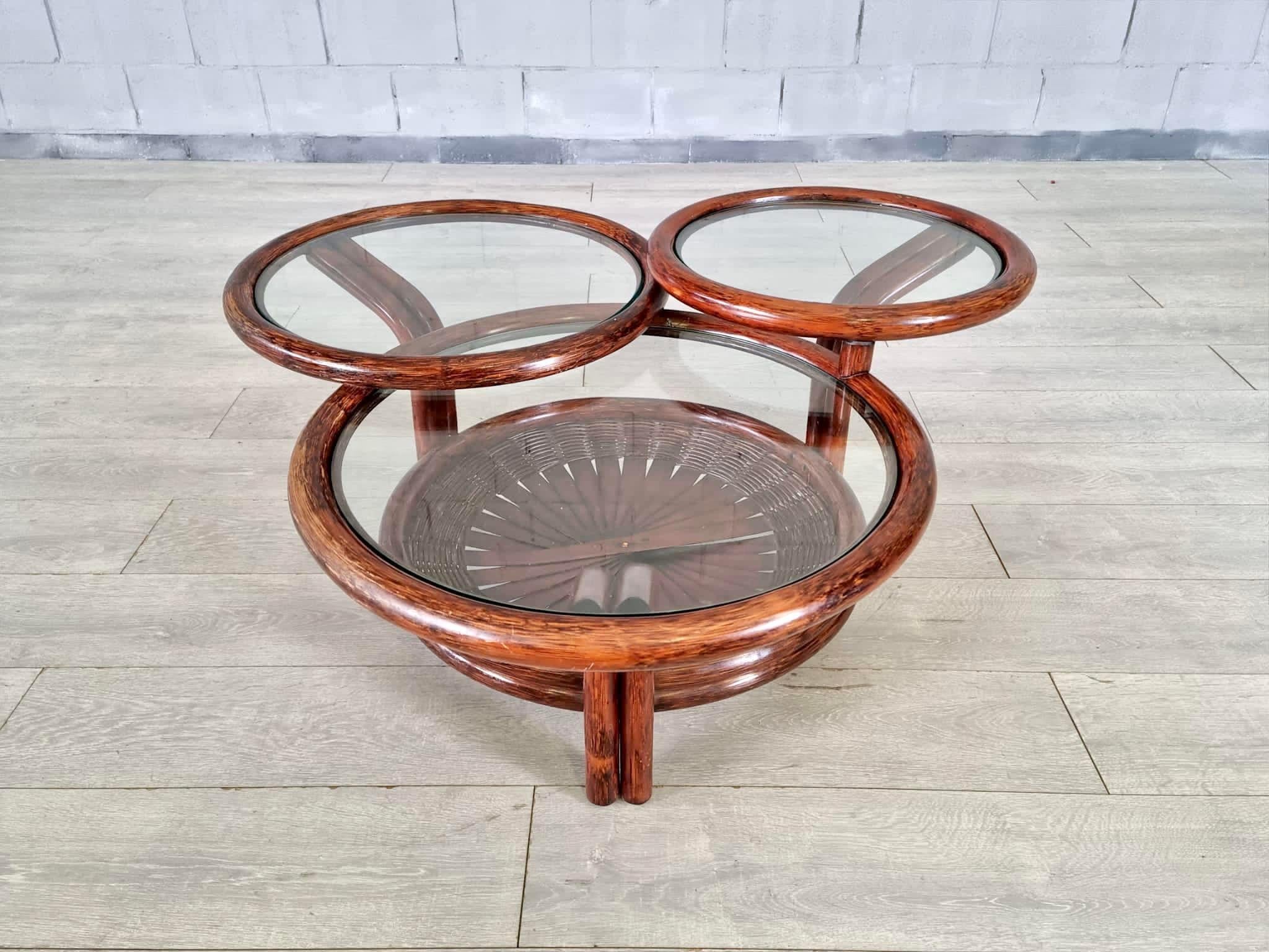 20th Century Vintage Three-Tiered Round Bamboo Cane Coffee Side Table For Sale