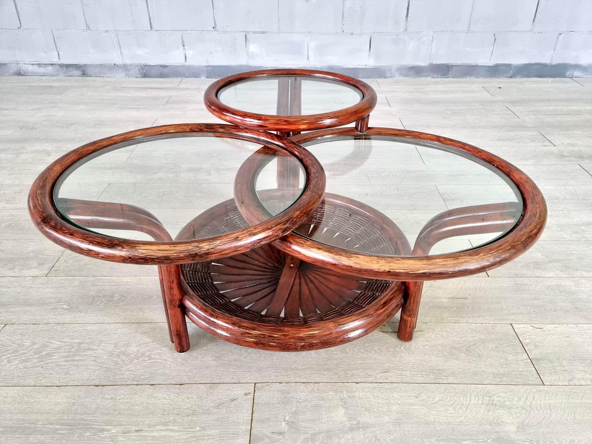 Vintage Three-Tiered Round Bamboo Cane Coffee Side Table For Sale 1