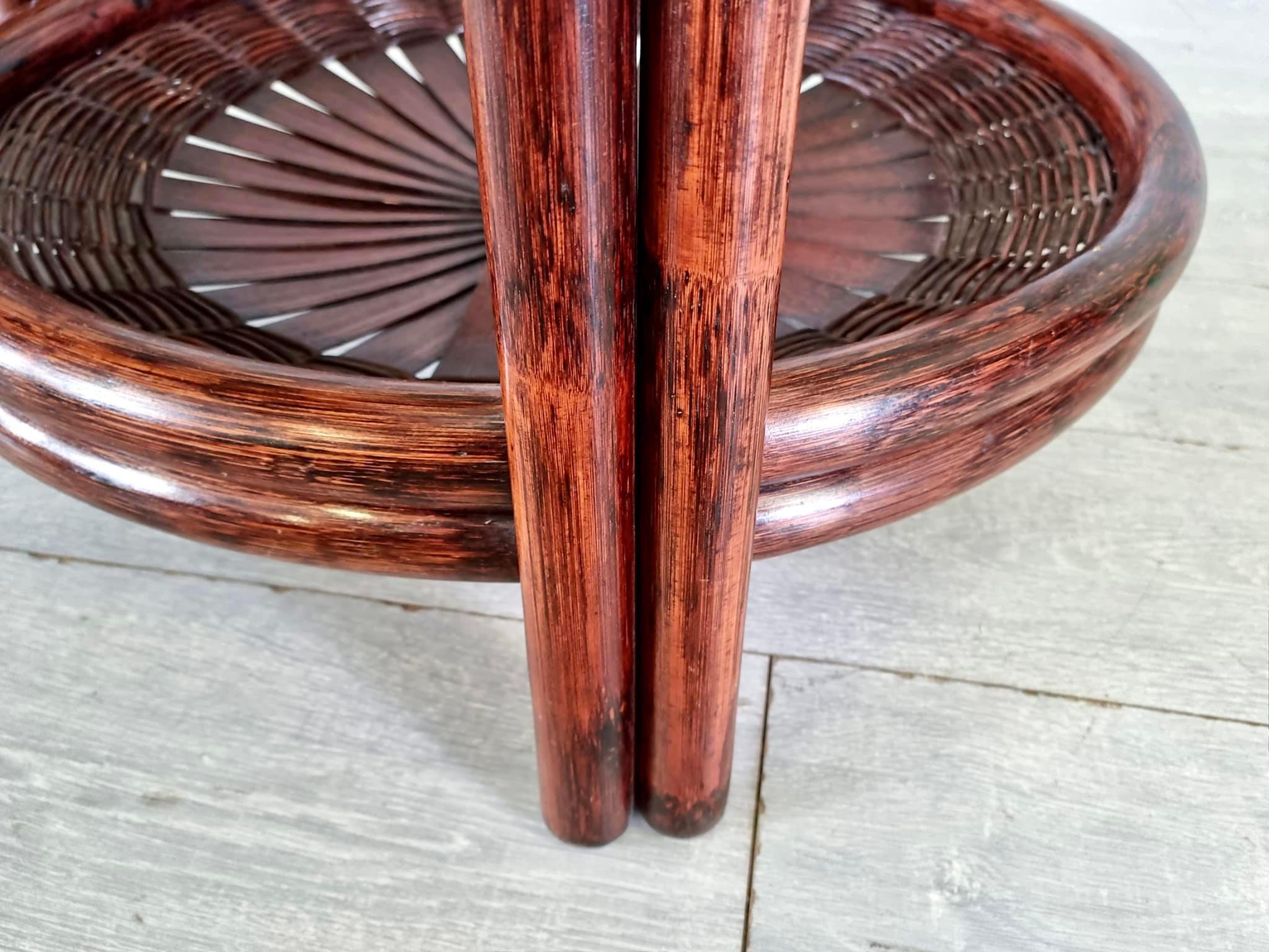 Vintage Three-Tiered Round Bamboo Cane Coffee Side Table For Sale 2
