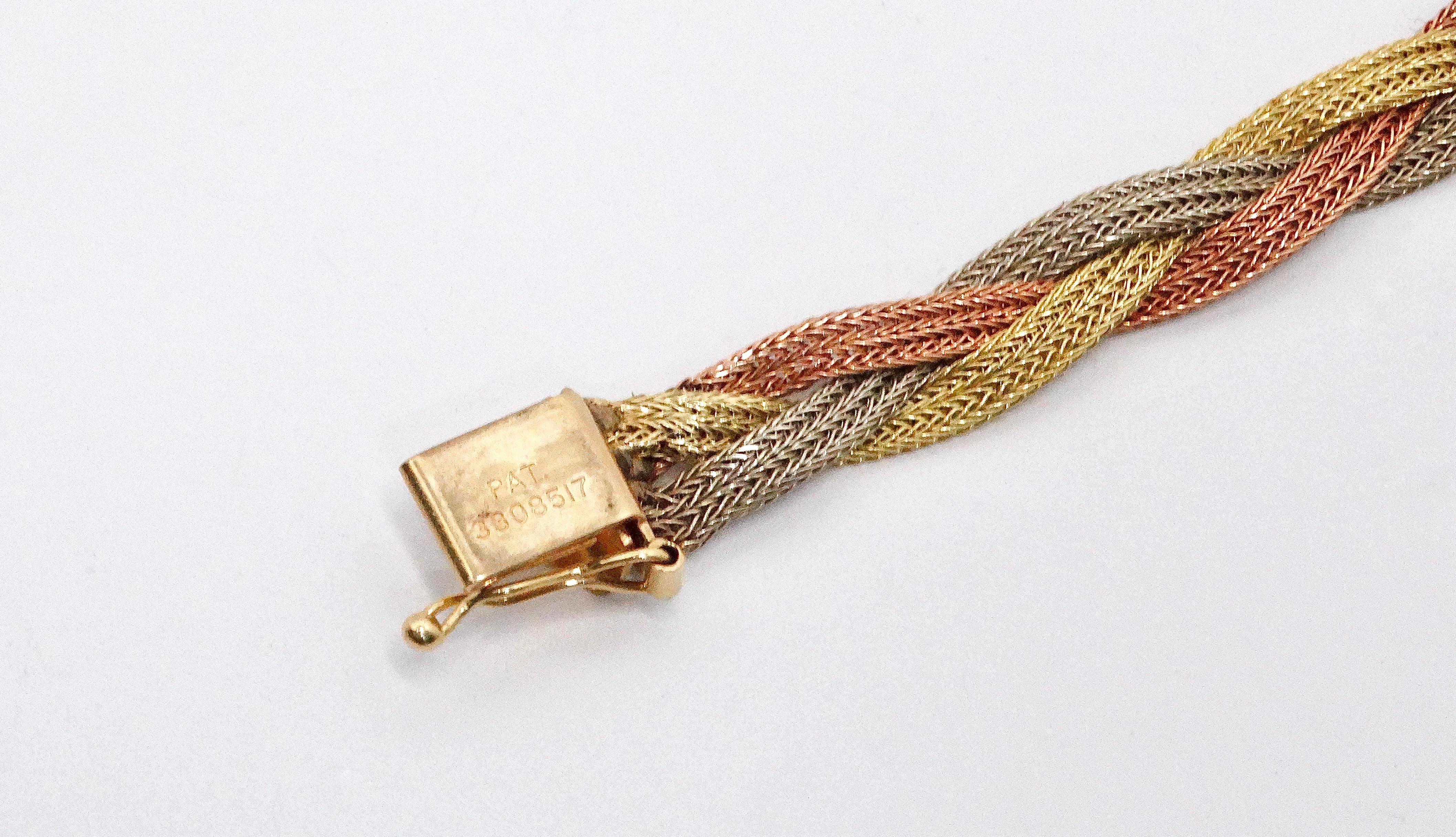 Vintage Three-Tone 14k Gold Braided Bracelet For Sale 2