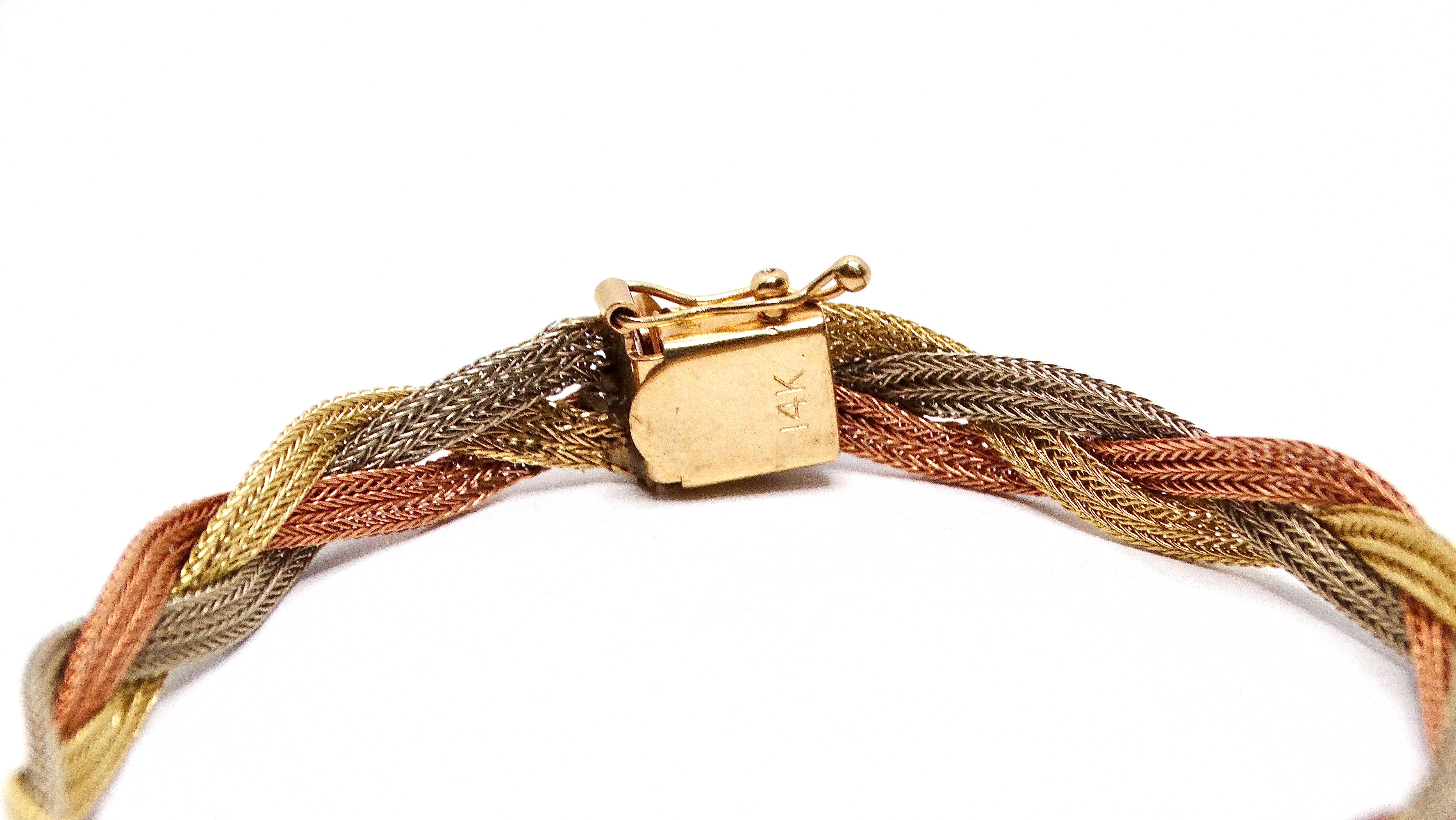Vintage Three-Tone 14k Gold Braided Bracelet For Sale 3