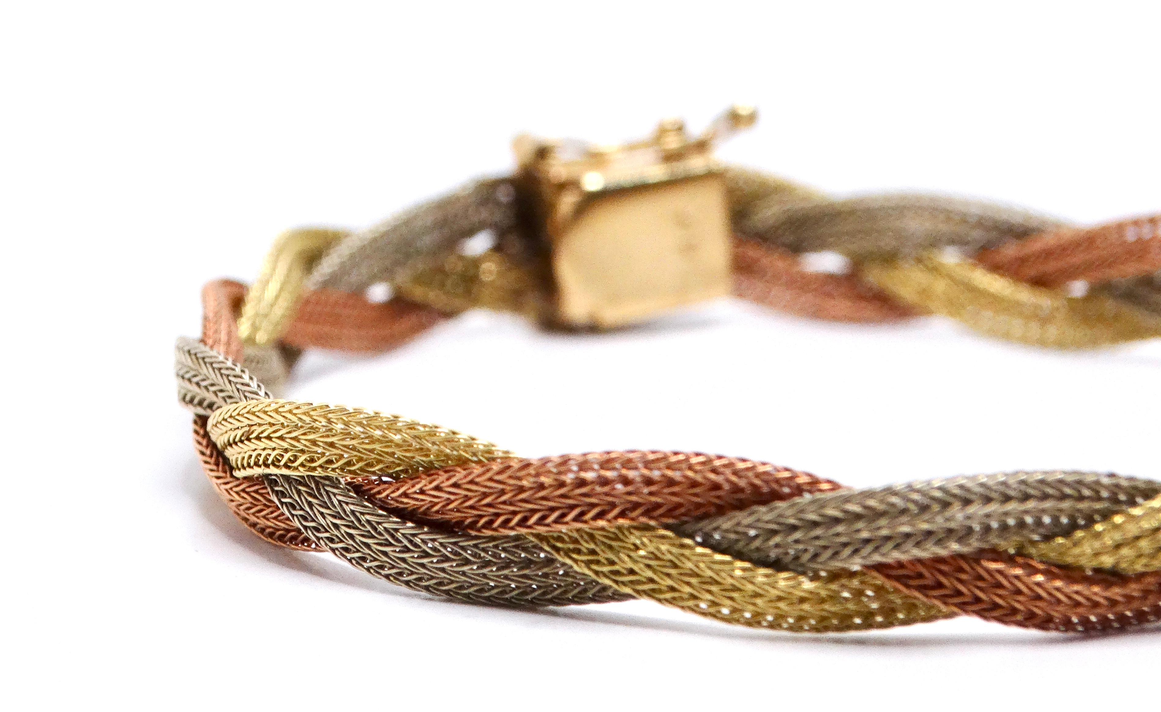 Vintage Three-Tone 14k Gold Braided Bracelet For Sale 4