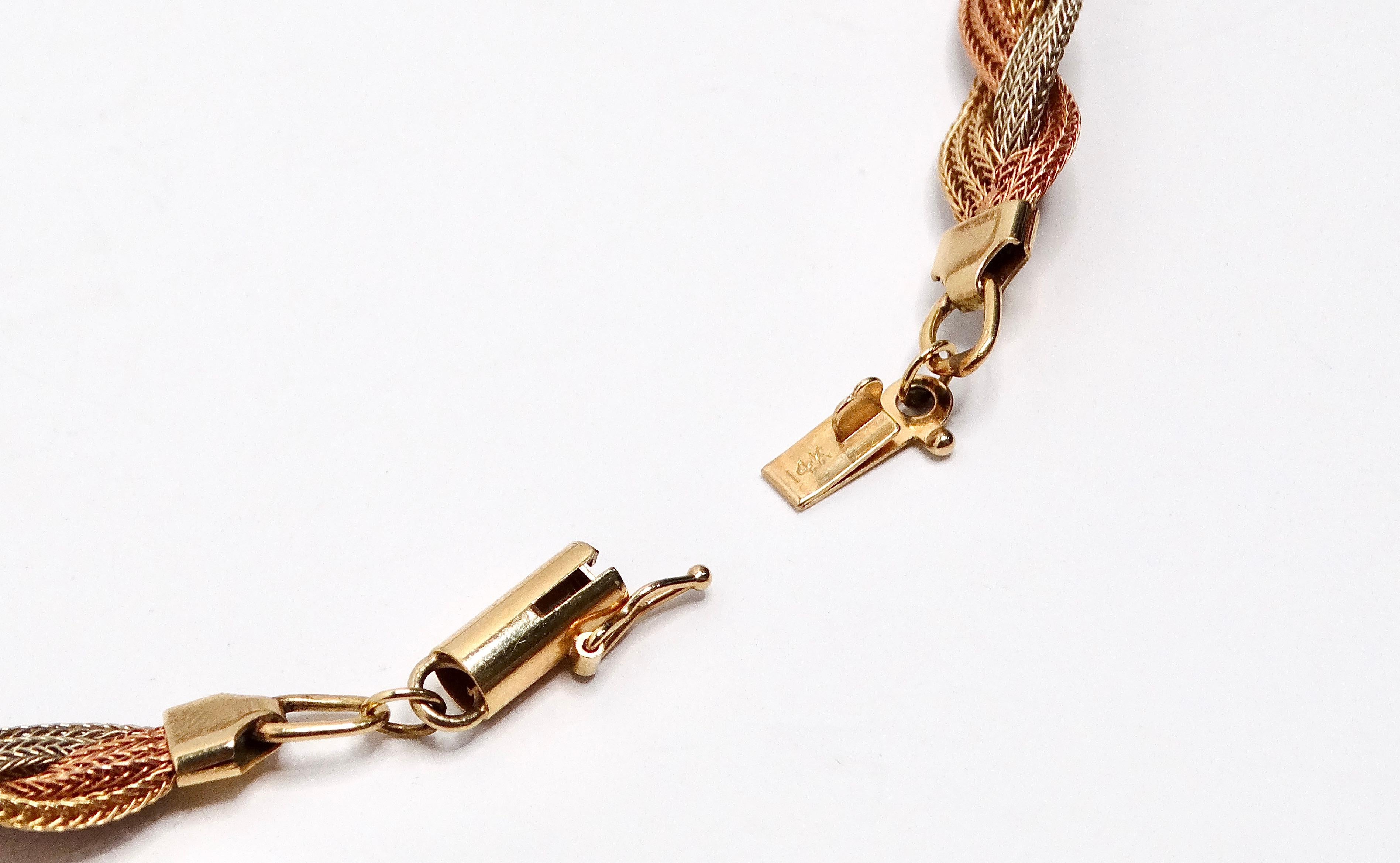 Vintage Three-Tone 14k Gold Braided Necklace In Good Condition For Sale In Scottsdale, AZ