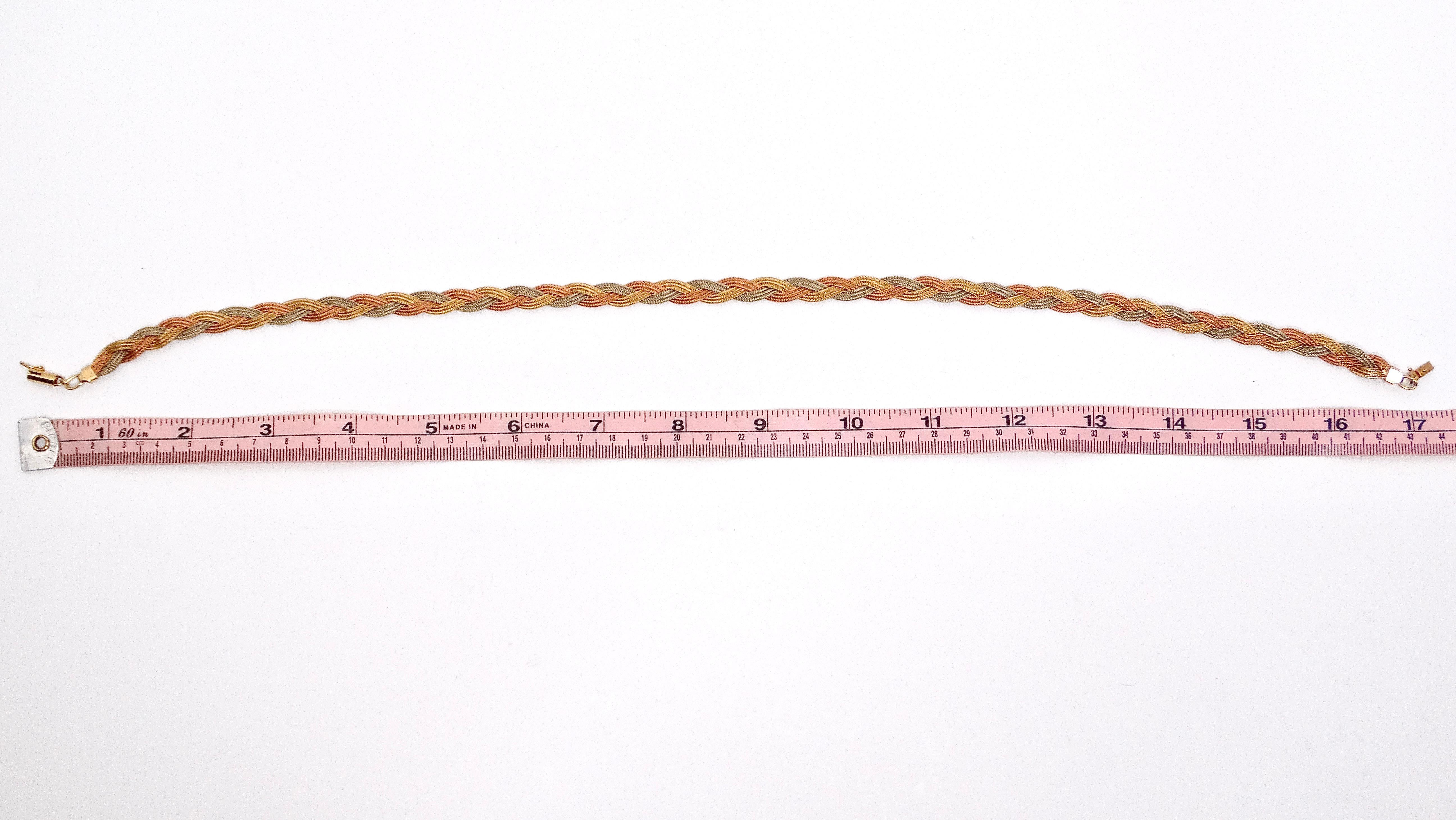 Women's or Men's Vintage Three-Tone 14k Gold Braided Necklace For Sale