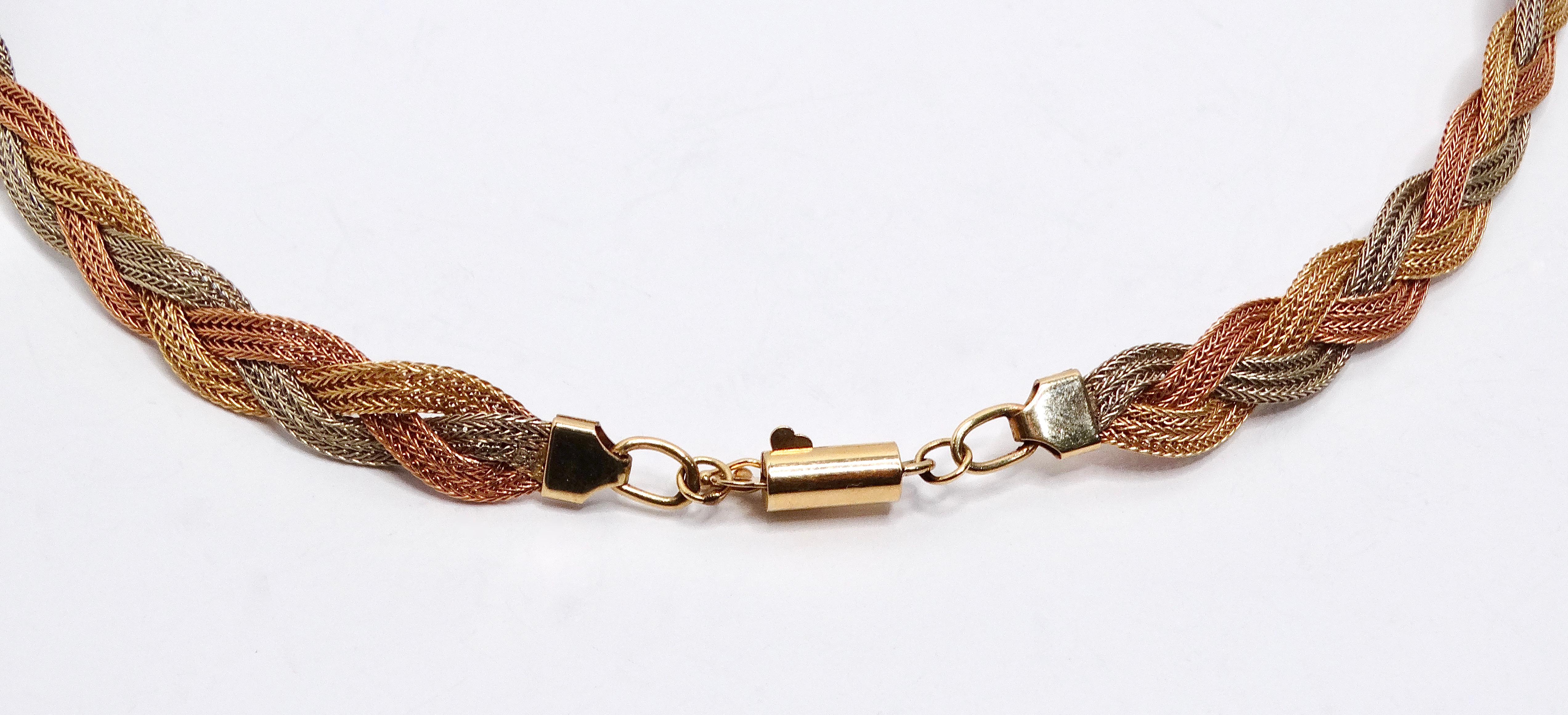 Vintage Three-Tone 14k Gold Braided Necklace For Sale 1