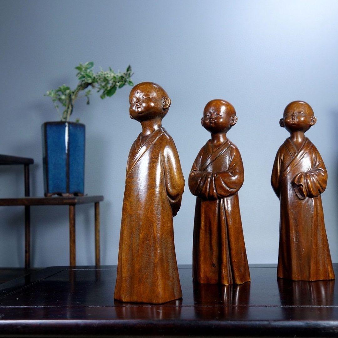 Vintage Three Wood Carving Asian Temple Monks Statues Set For Sale 5