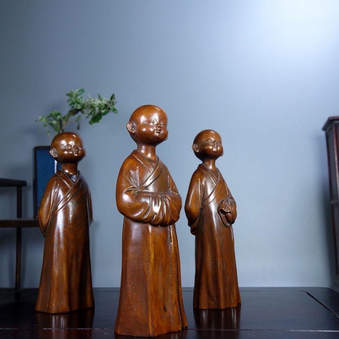 19th Century Vintage Three Wood Carving Asian Temple Monks Statues Set For Sale