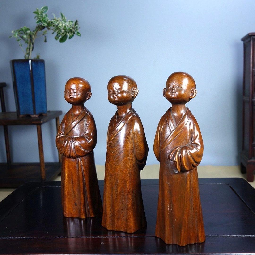 Boxwood Vintage Asian Three Wood Carving Temple Monks Statues Set For Sale