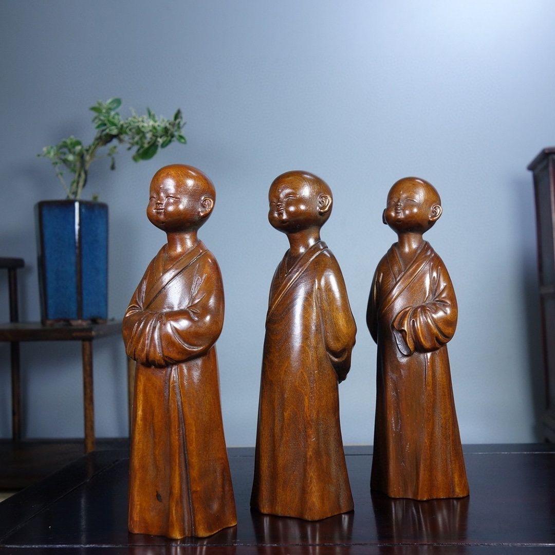 Vintage Three Wood Carving Asian Temple Monks Statues Set For Sale 1