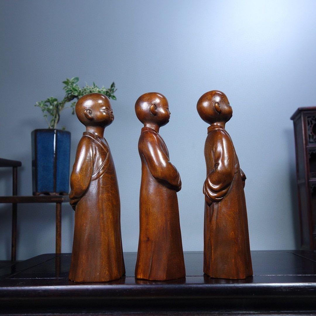 Vintage Three Wood Carving Asian Temple Monks Statues Set For Sale 2