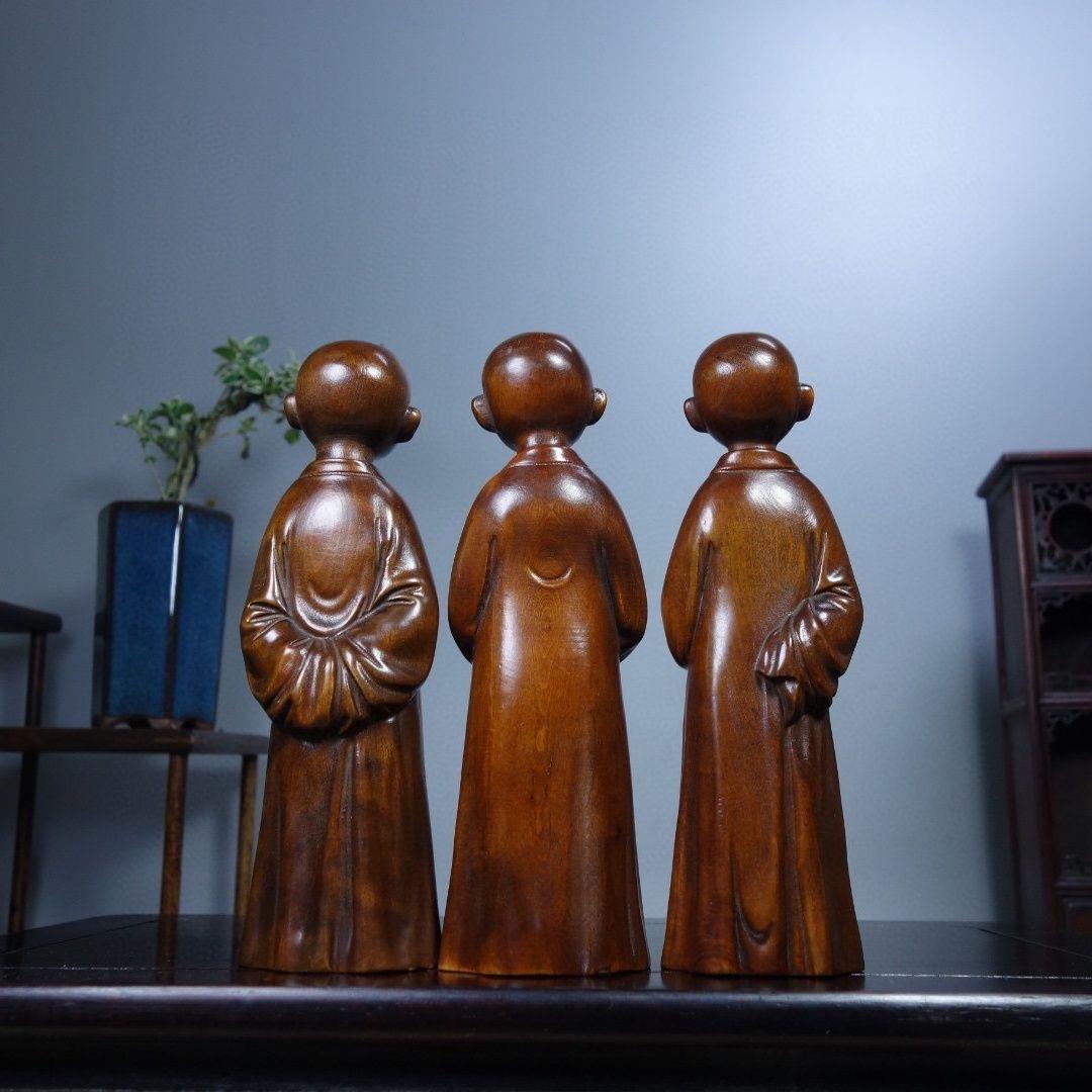Vintage Three Wood Carving Asian Temple Monks Statues Set For Sale 3