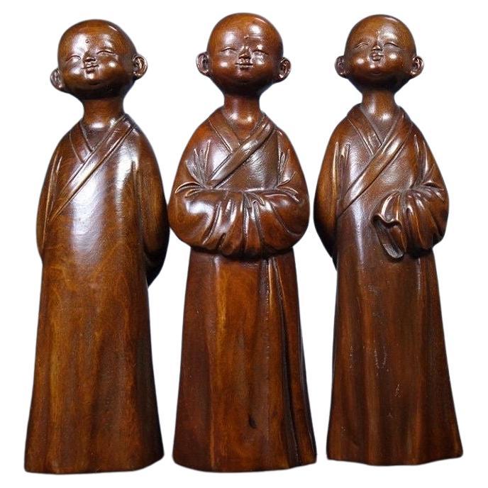 Vintage Three Wood Carving Asian Temple Monks Statues Set