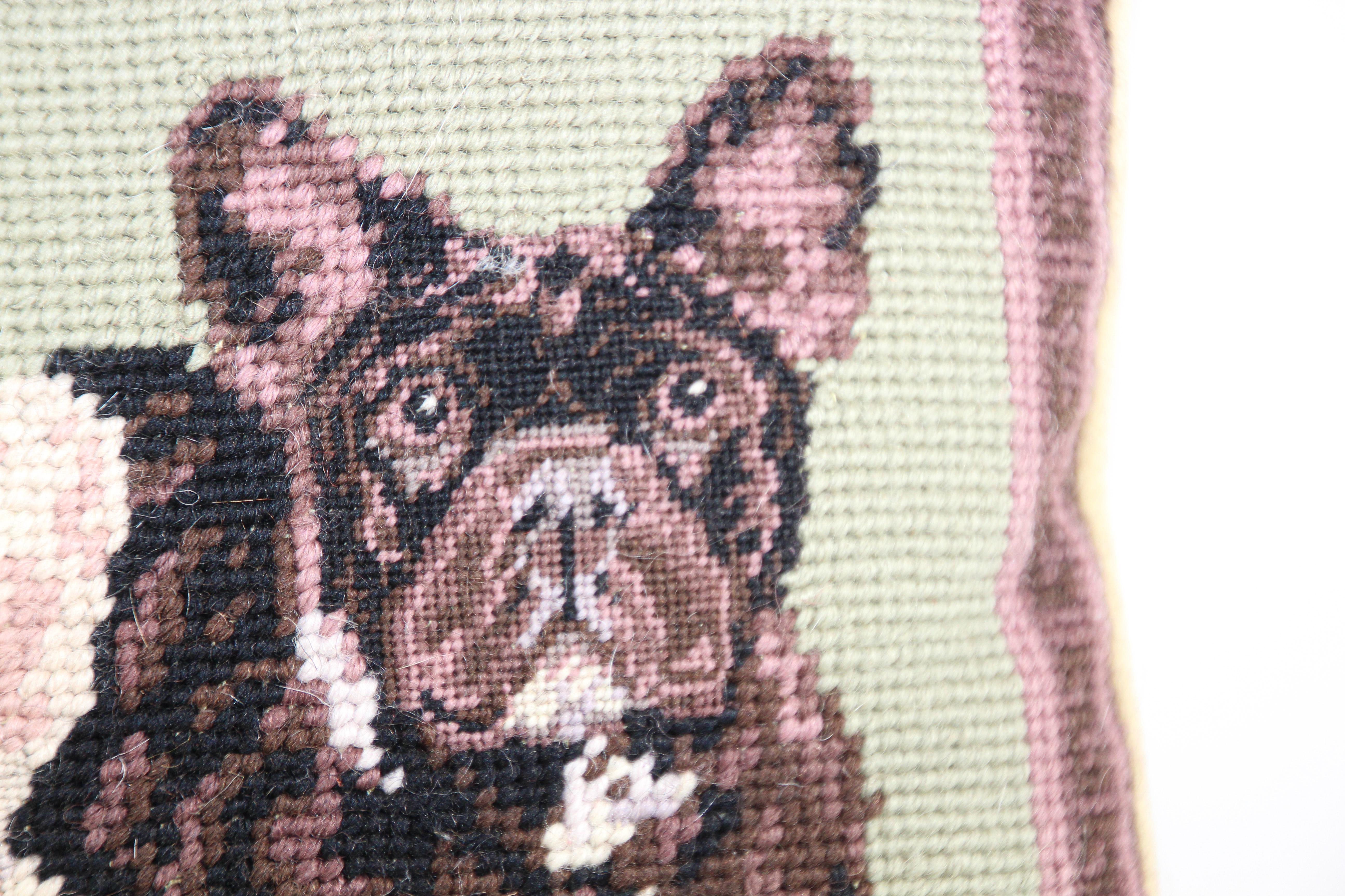 Folk Art Vintage Throw Decorative Needlepoint Bull Dogs Pillow