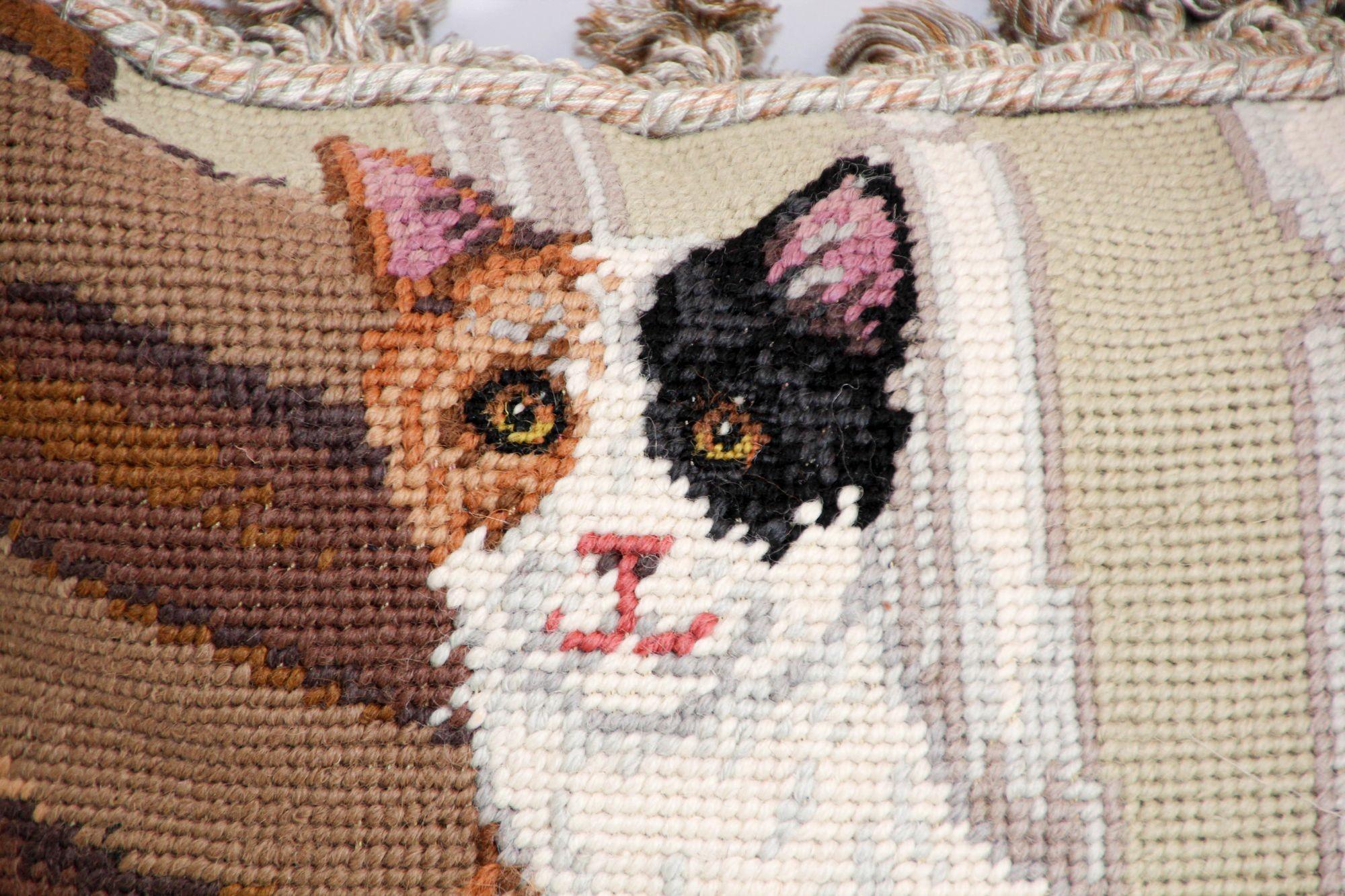 Vintage Throw Decorative Needlepoint Cat Design Pillow For Sale 2