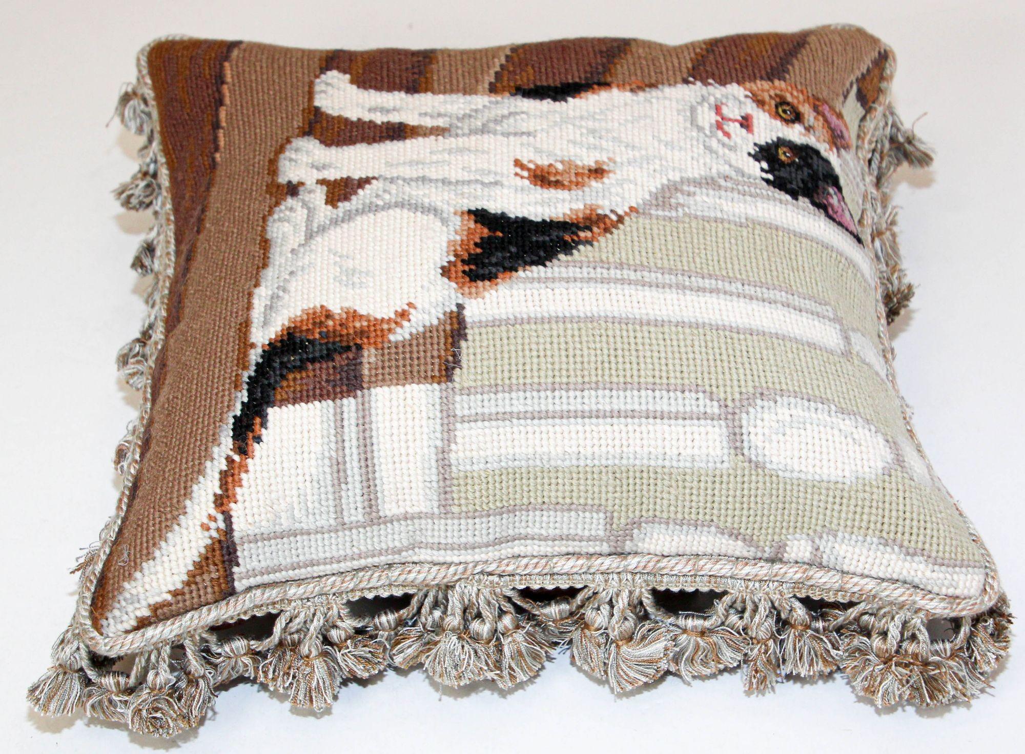 Vintage Throw Decorative Needlepoint Cat Design Pillow For Sale 3