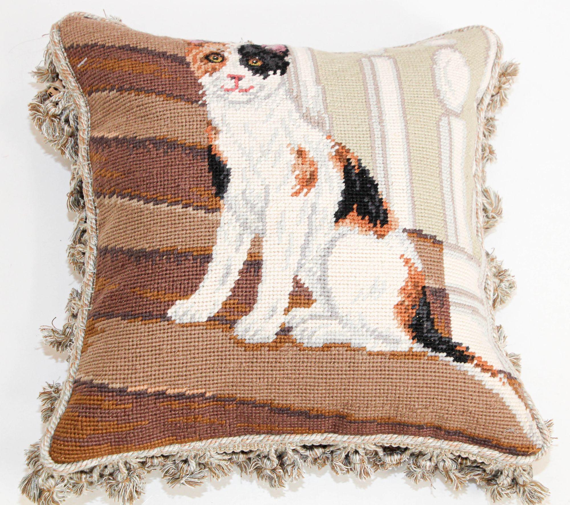 Vintage throw decorative needlepoint cat design pillow.
Vintage charming dog pillow featuring portrait of a cat.
Hand-crafted in 100% wool needlepoint embroidery throw pillow in Aubusson style with cotton cording fringe tassels.
Great gift for
