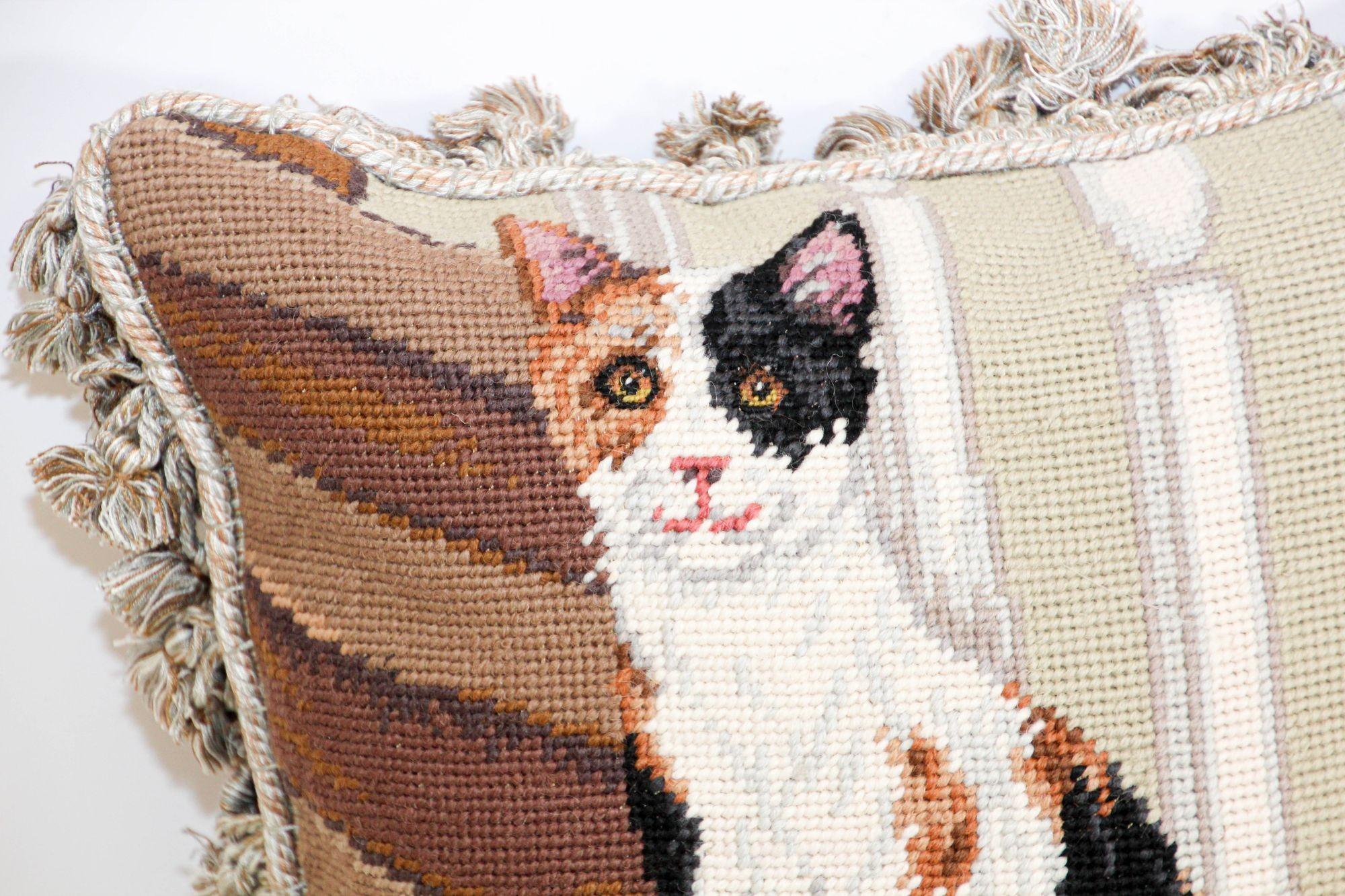 Vintage Throw Decorative Needlepoint Cat Design Pillow For Sale 1