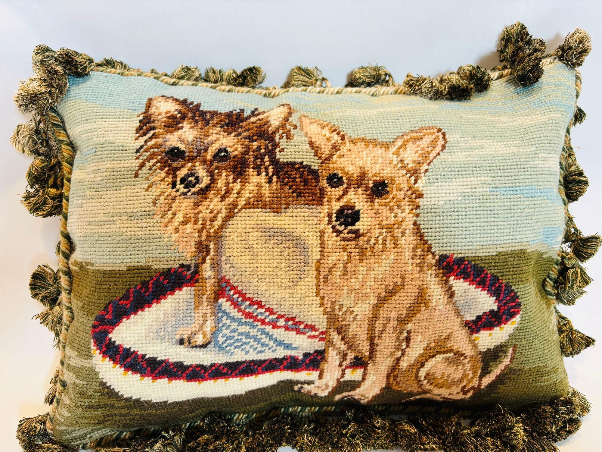 Vintage Throw Decorative Needlepoint pillow with Chihuahua Dogs playing on a Mexican sombrero hat.
Vintage Charming dog pillow featuring portrait of 2 Chihuahua dogs.
Hand-crafted in 100% wool needlepoint embroidery throw pillow in Aubusson style
